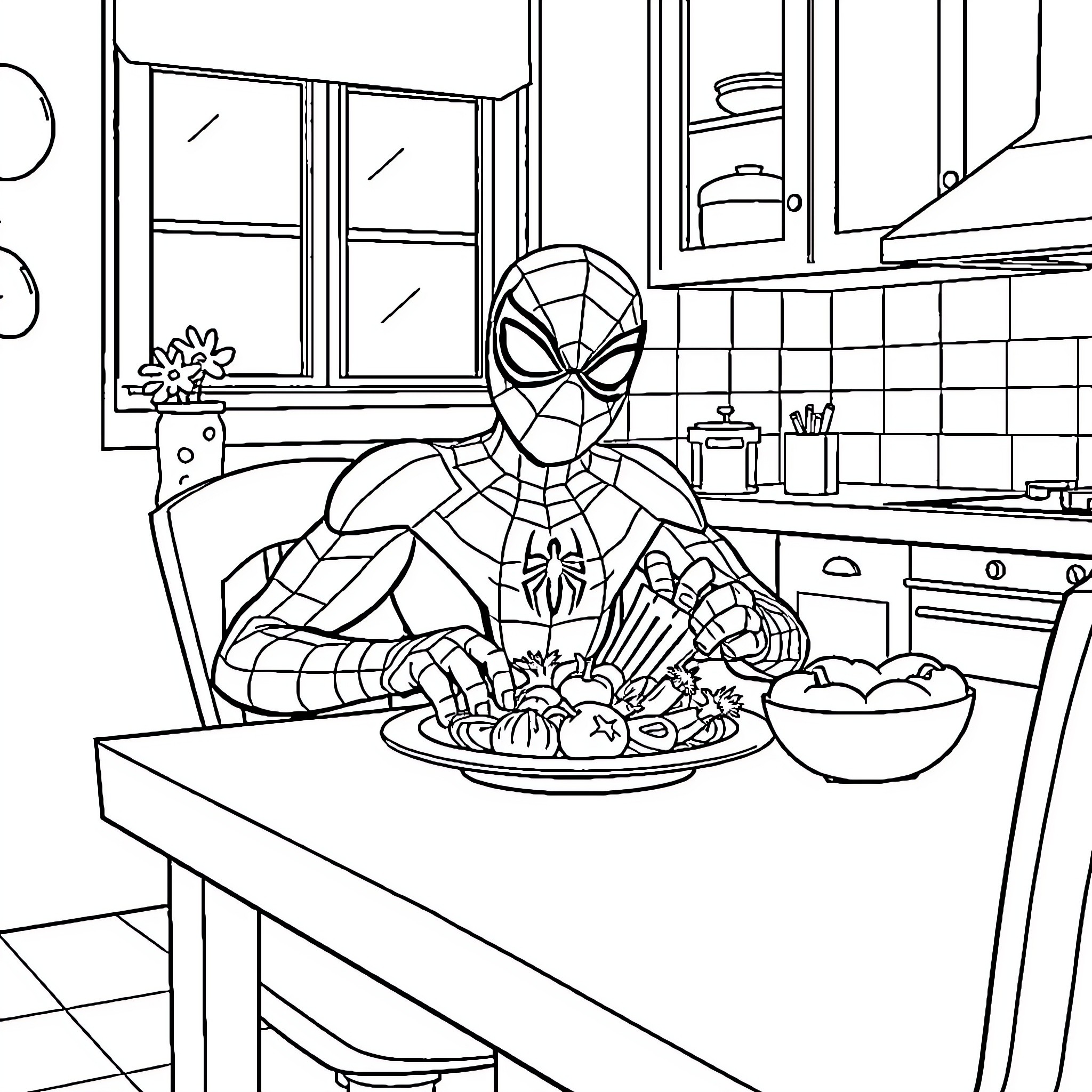 Spider-Man enjoying a meal in the kitchen Coloring Page (free black-and-white line drawing printable PDF for all, from beginners to advanced learners, including children, teens, adults, and seniors)