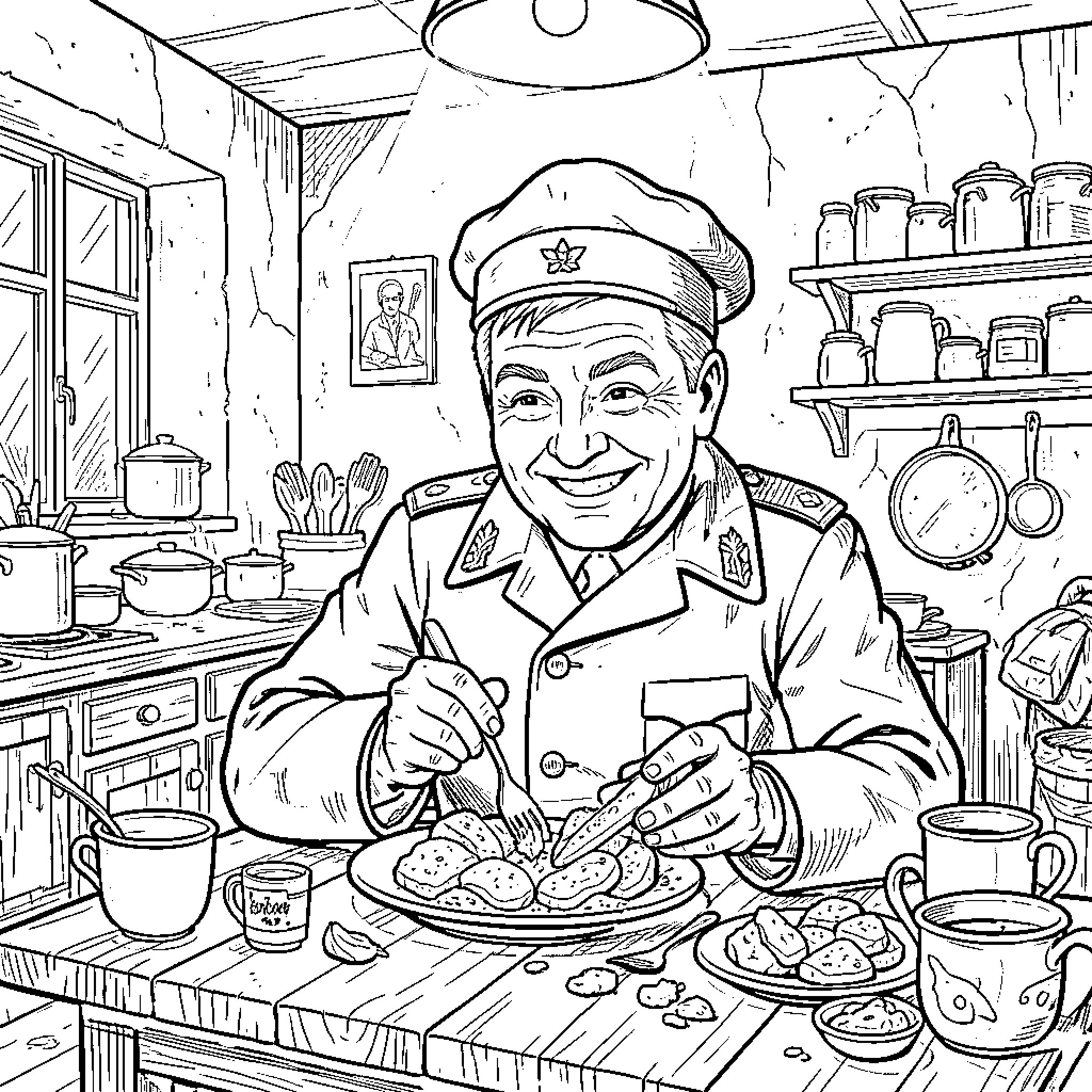 Stalin smiling while eating snacks in a kitchen Coloring Page (free black-and-white line drawing printable PDF for all, from beginners to advanced learners, including children, teens, adults, and seniors)
