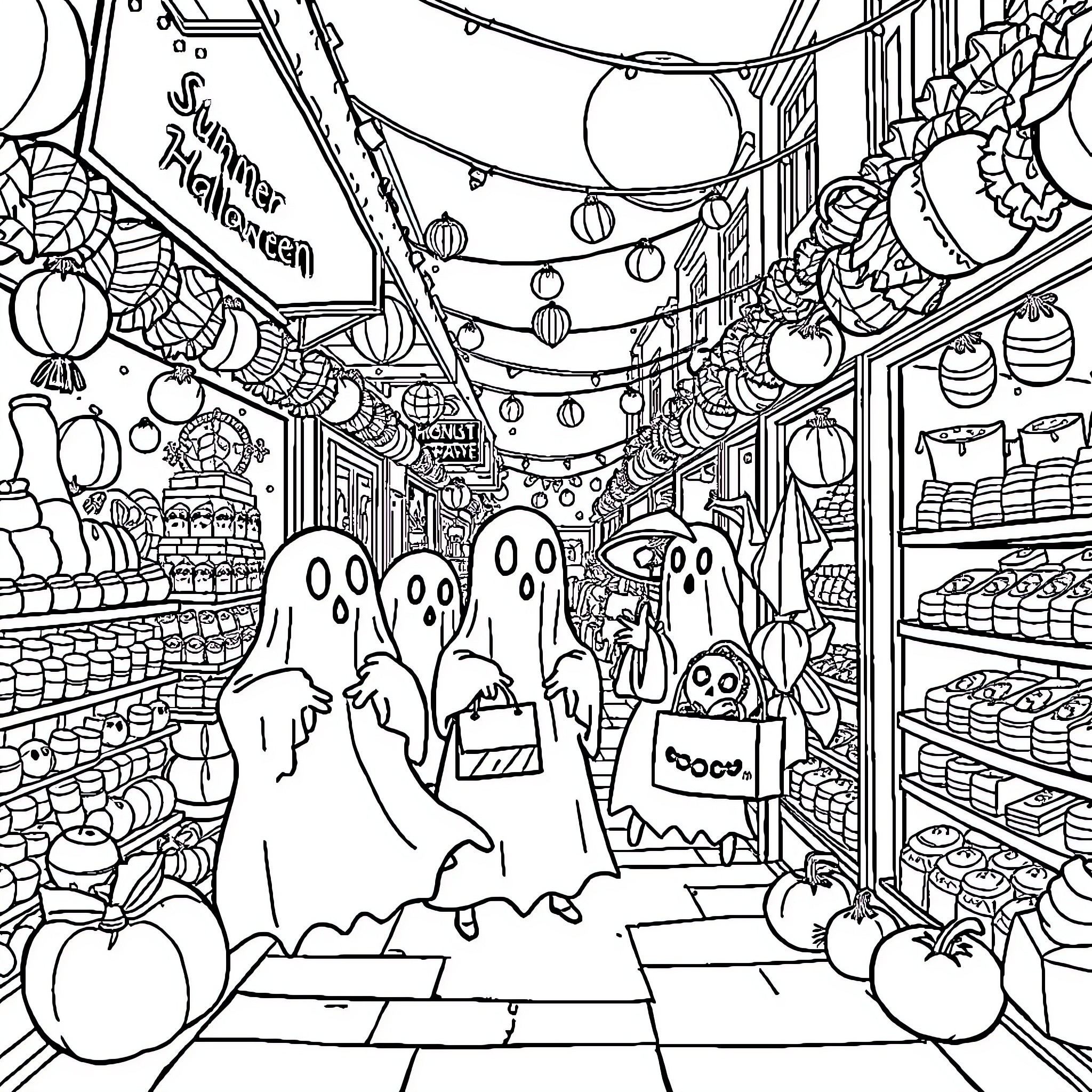 Ghost Figures Exploring Festive Marketplace Coloring Page (free black-and-white line drawing printable PDF for all, from beginners to advanced learners, including children, teens, adults, and seniors)