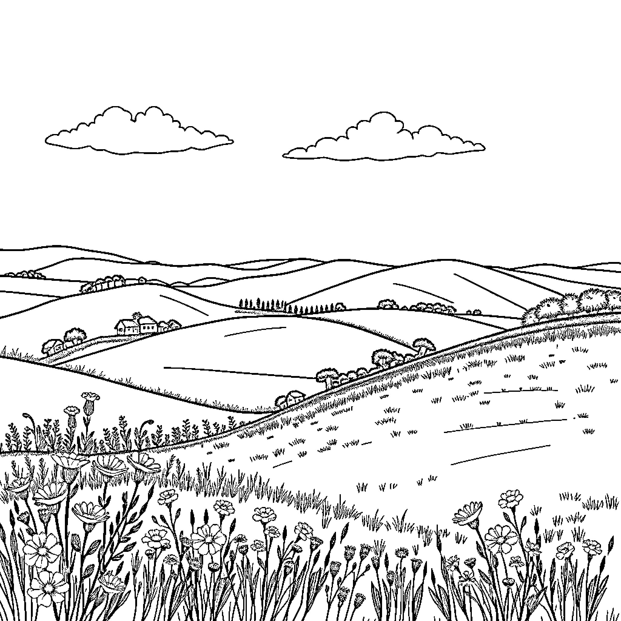 Countryside Landscape with Rolling Hills and Scenic Views Coloring Page (free black-and-white line drawing printable PDF for all, from beginners to advanced learners, including children, teens, adults, and seniors)