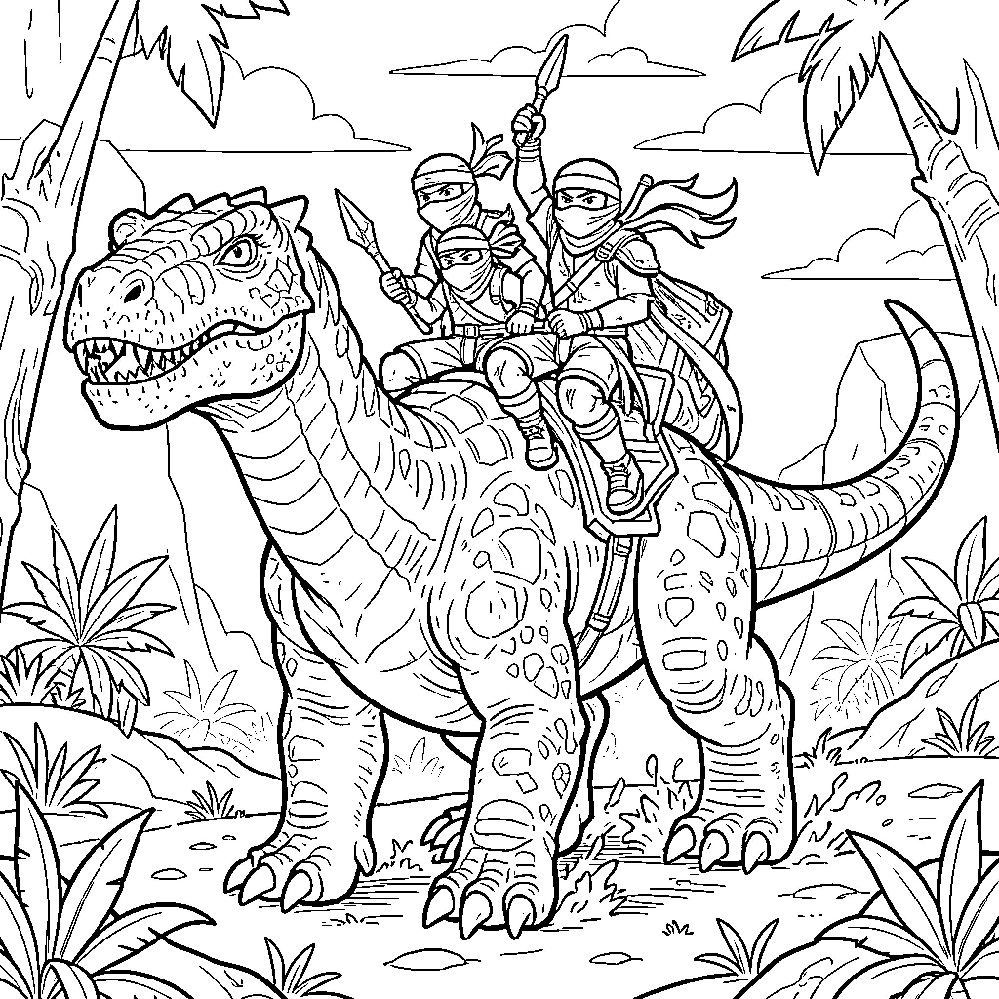 Ninjago characters riding a large dinosaur through a jungle Coloring Page (free black-and-white line drawing printable PDF for all, from beginners to advanced learners, including children, teens, adults, and seniors)
