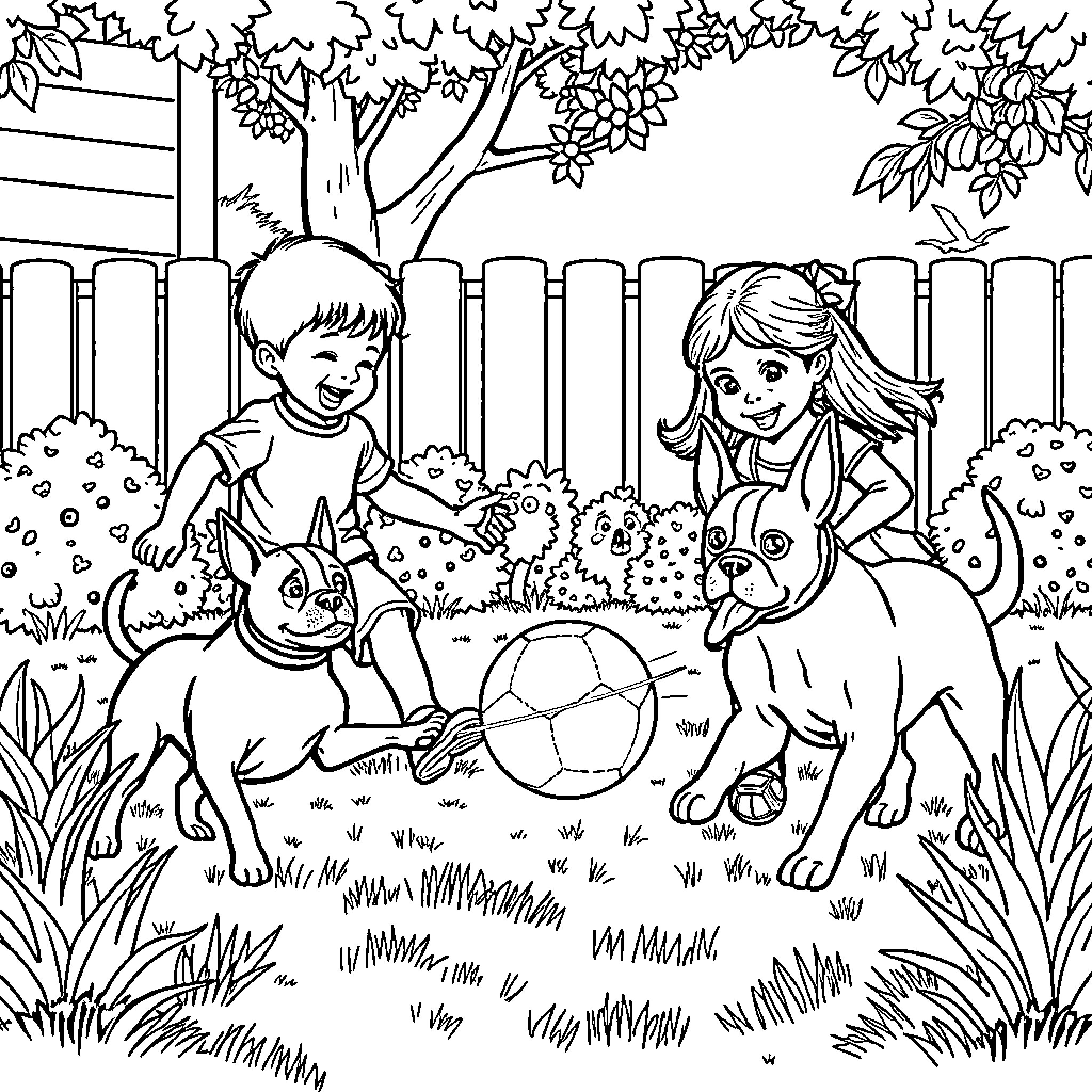 Children playing with a dog in the backyard Coloring Page (free black-and-white line drawing printable PDF for all, from beginners to advanced learners, including children, teens, adults, and seniors)
