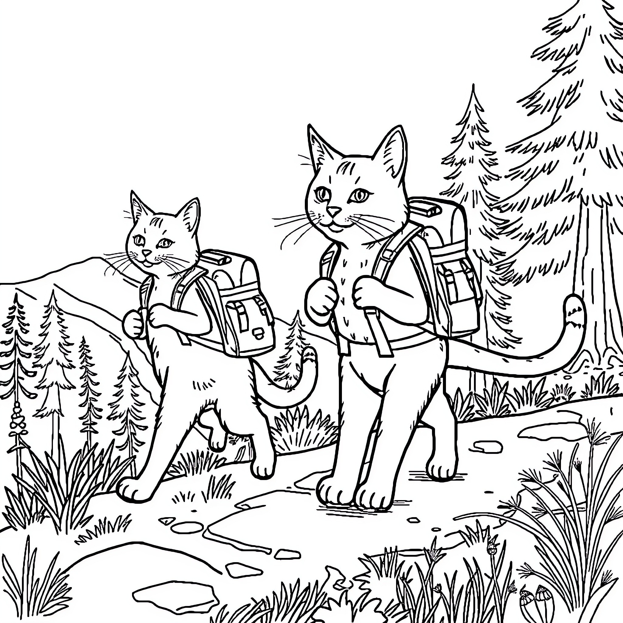Cats Exploring the Forest Wilderness Coloring Page (free black-and-white line drawing printable PDF for all, from beginners to advanced learners, including children, teens, adults, and seniors)