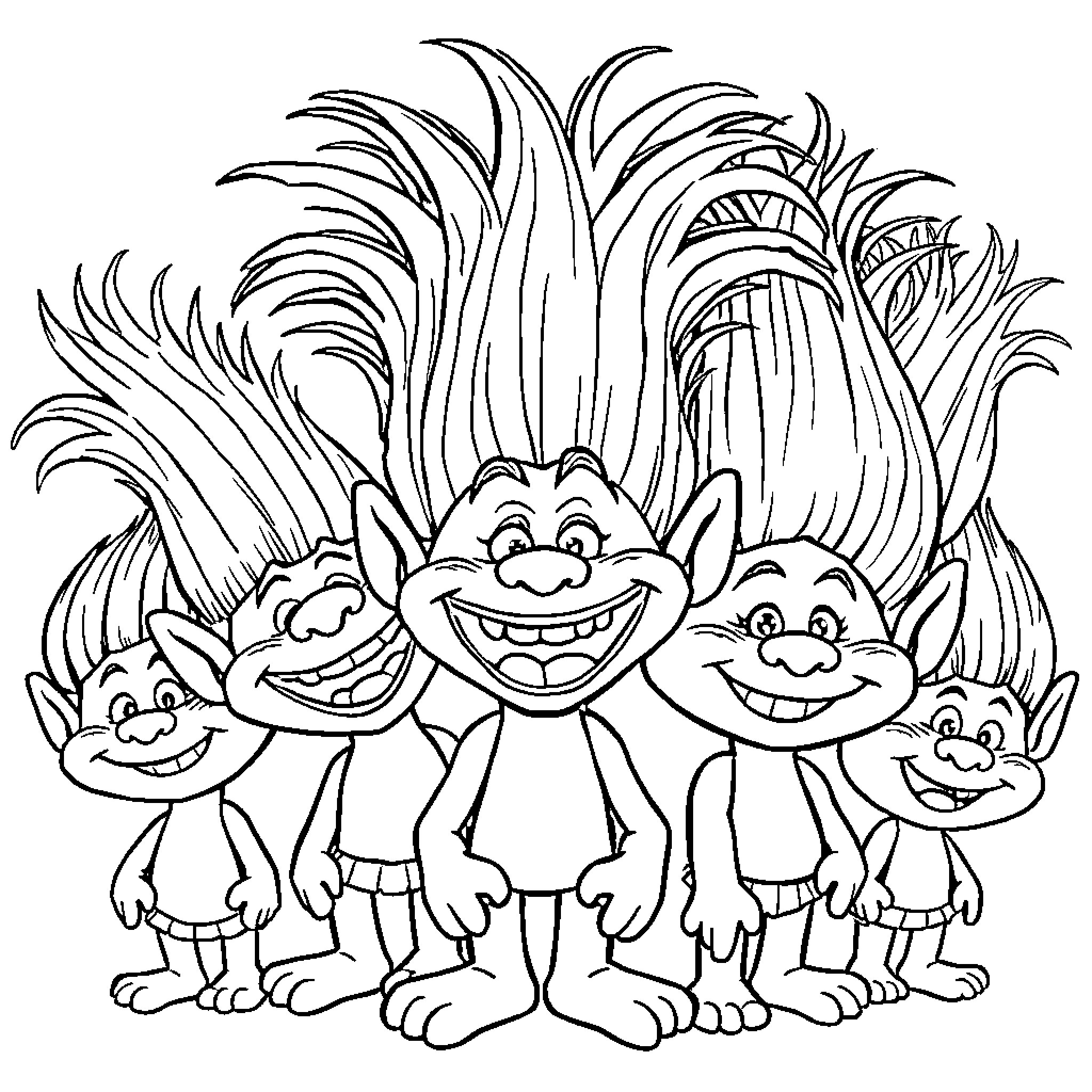 Troll characters gathered in a colorful scene Coloring Page (free black-and-white line drawing printable PDF for all, from beginners to advanced learners, including children, teens, adults, and seniors)