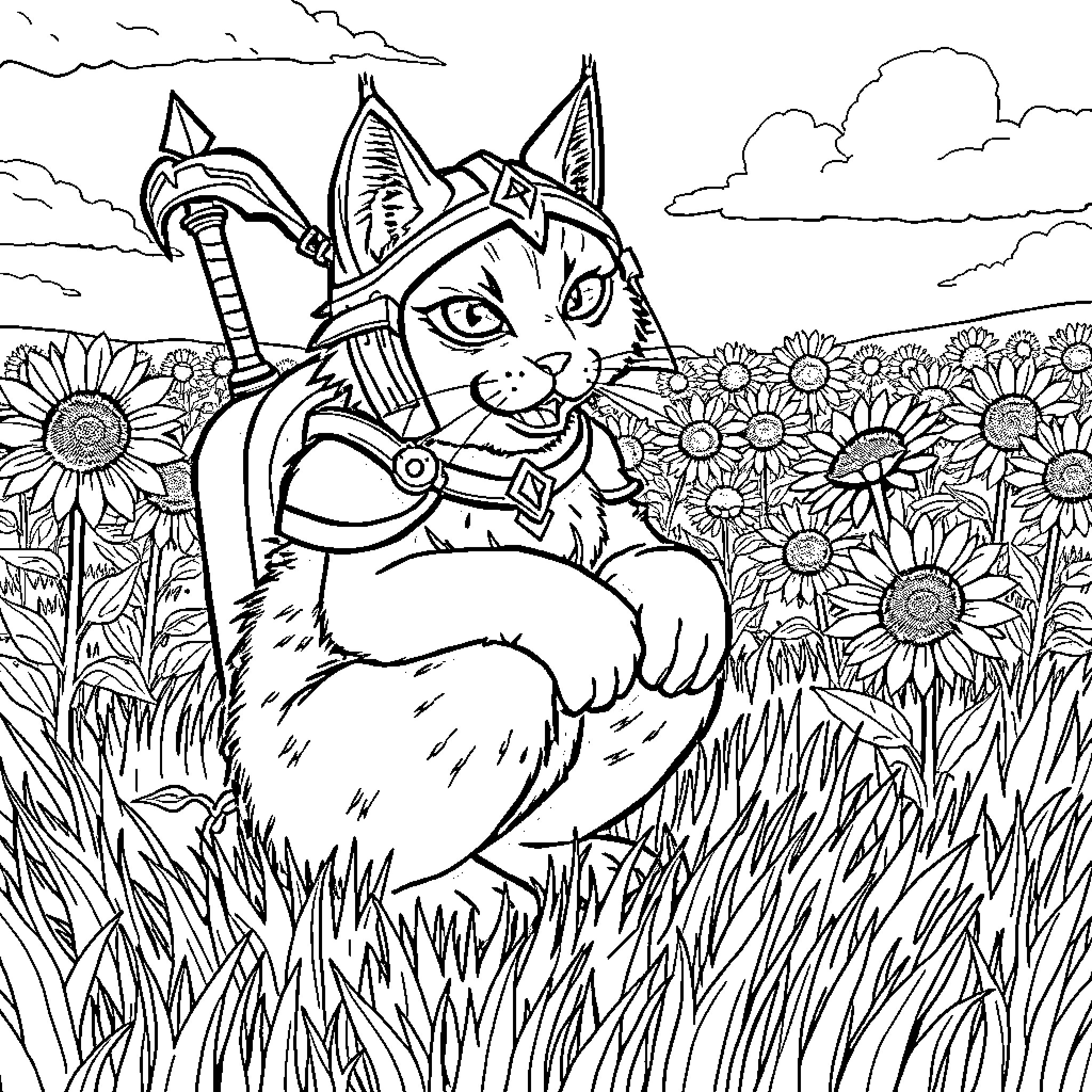 Warrior Cat Battles in Vibrant Flower Field Coloring Page (free black-and-white line drawing printable PDF for all, from beginners to advanced learners, including children, teens, adults, and seniors)