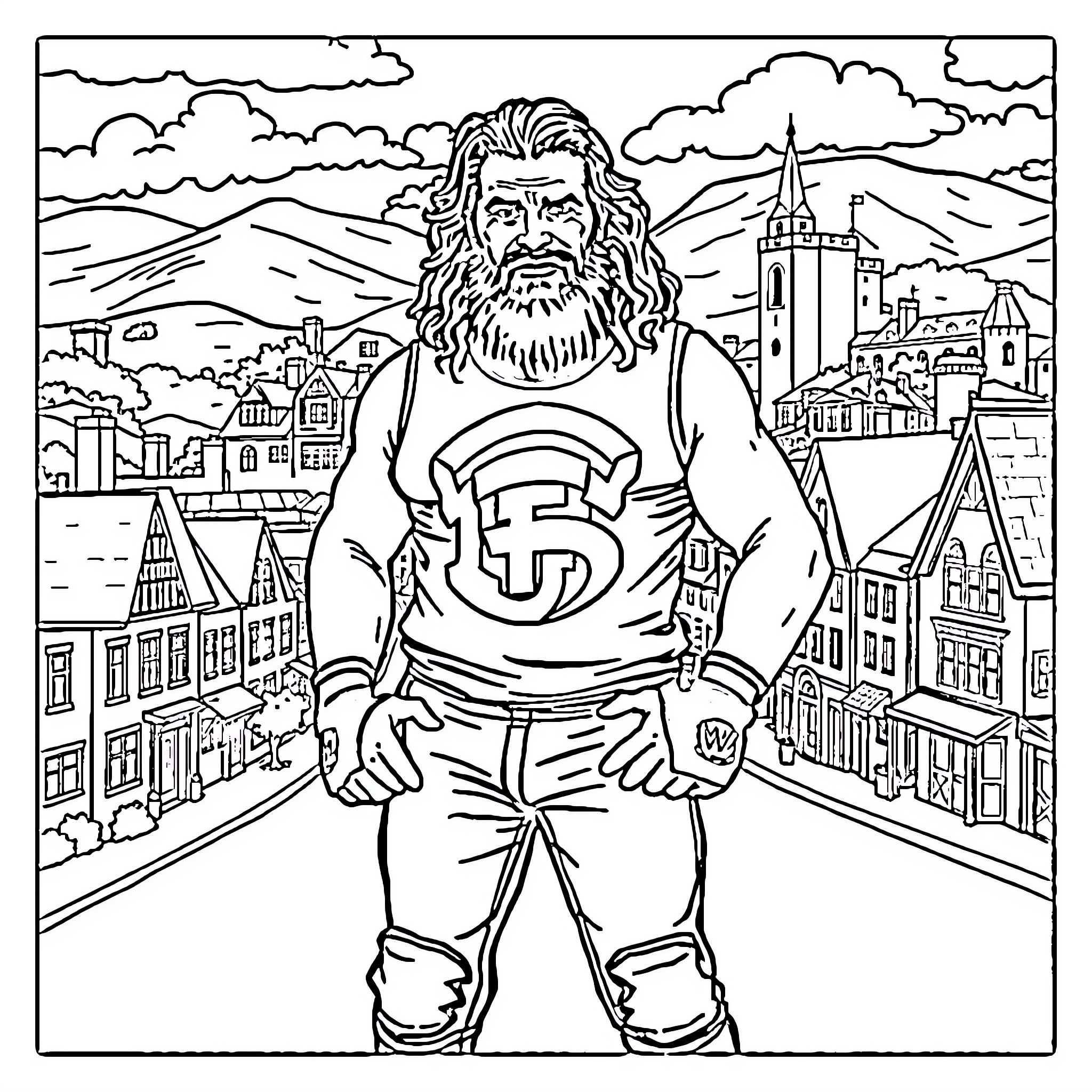 Wrestler standing proudly in front of city landscape Coloring Page (free black-and-white line drawing printable PDF for all, from beginners to advanced learners, including children, teens, adults, and seniors)