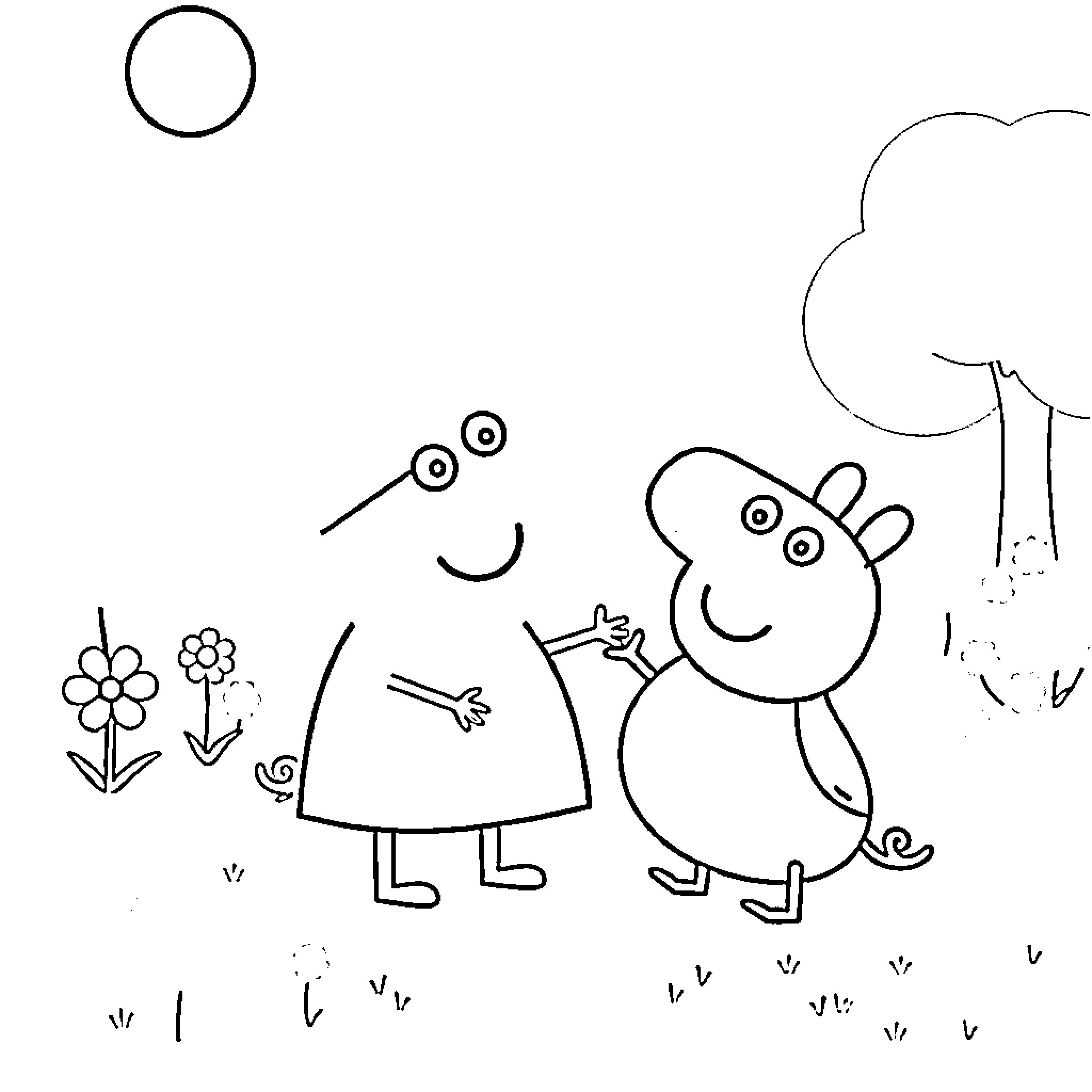 Peppa Pig and friends in a playful outdoor scene Coloring Page (free black-and-white line drawing printable PDF for all, from beginners to advanced learners, including children, teens, adults, and seniors)