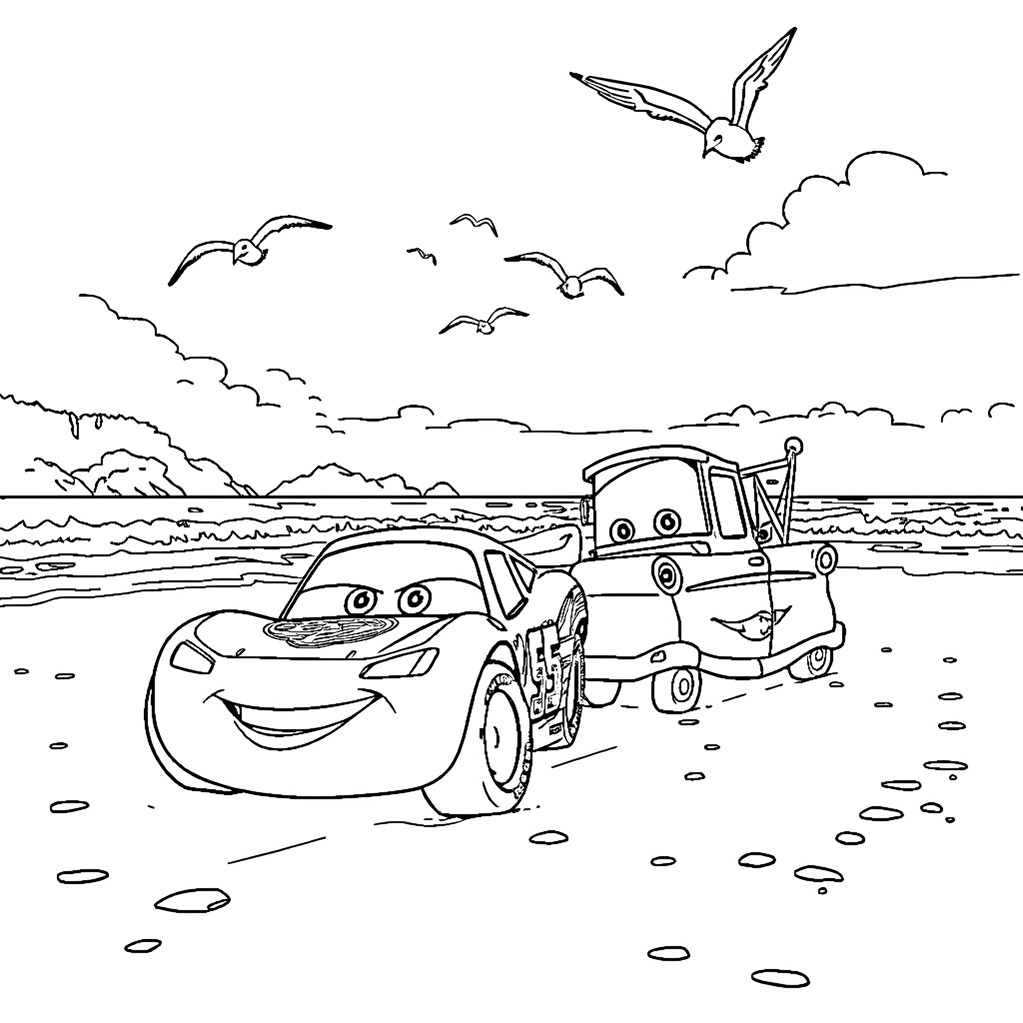 Lightning McQueen and friends enjoying a beach adventure Coloring Page (free black-and-white line drawing printable PDF for all, from beginners to advanced learners, including children, teens, adults, and seniors)