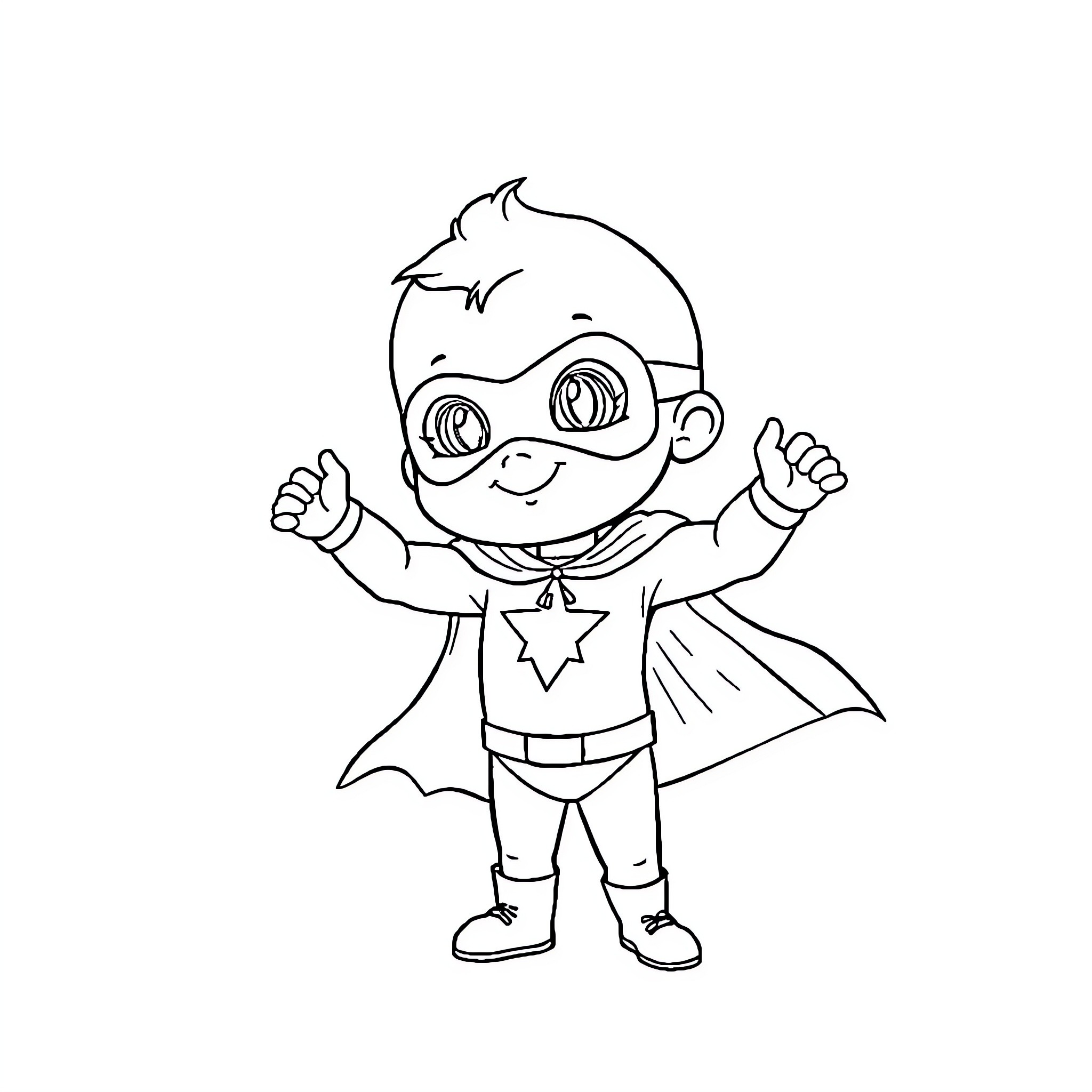 Baby Superhero strikes a heroic pose Coloring Page (free black-and-white line drawing printable PDF for all, from beginners to advanced learners, including children, teens, adults, and seniors)