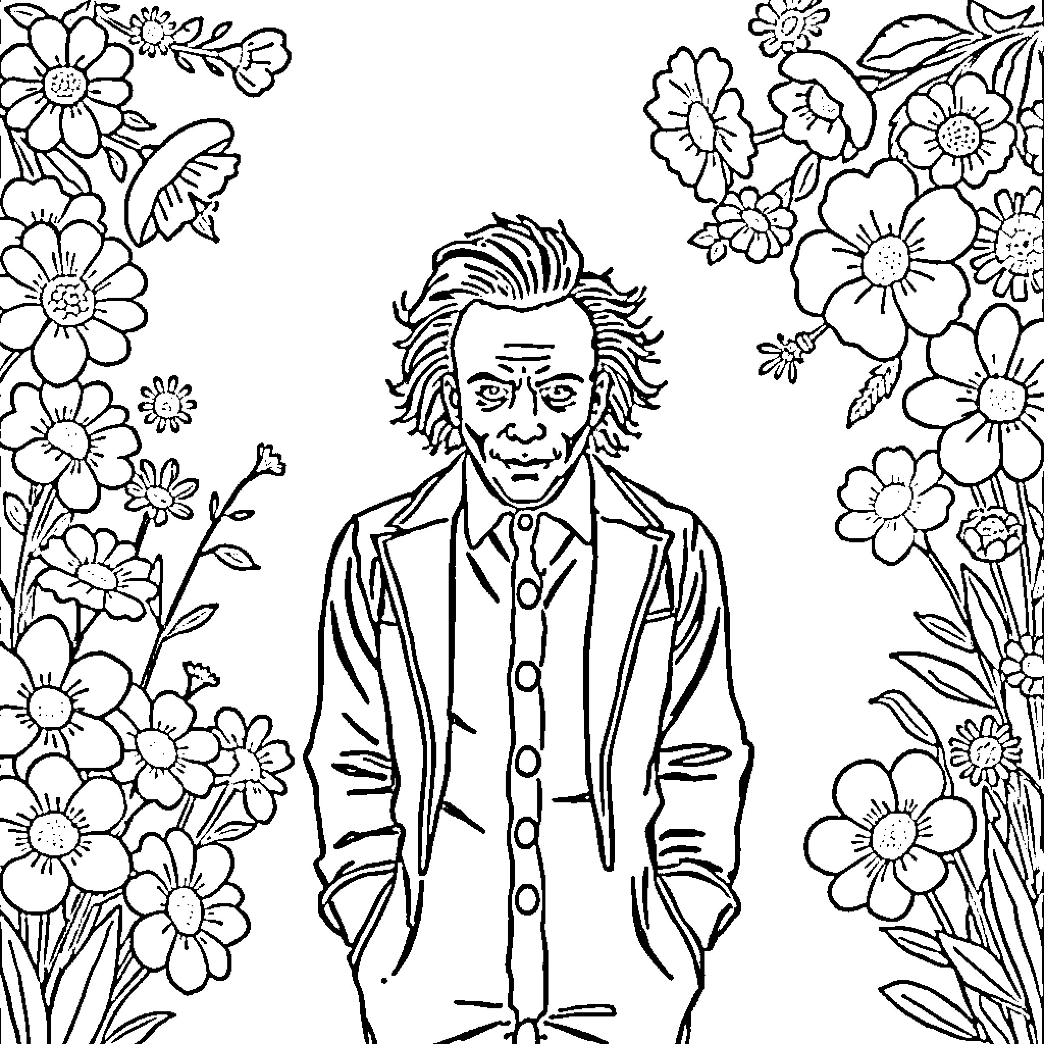 Michael Myers surrounded by menacing floral patterns Coloring Page (free black-and-white line drawing printable PDF for all, from beginners to advanced learners, including children, teens, adults, and seniors)