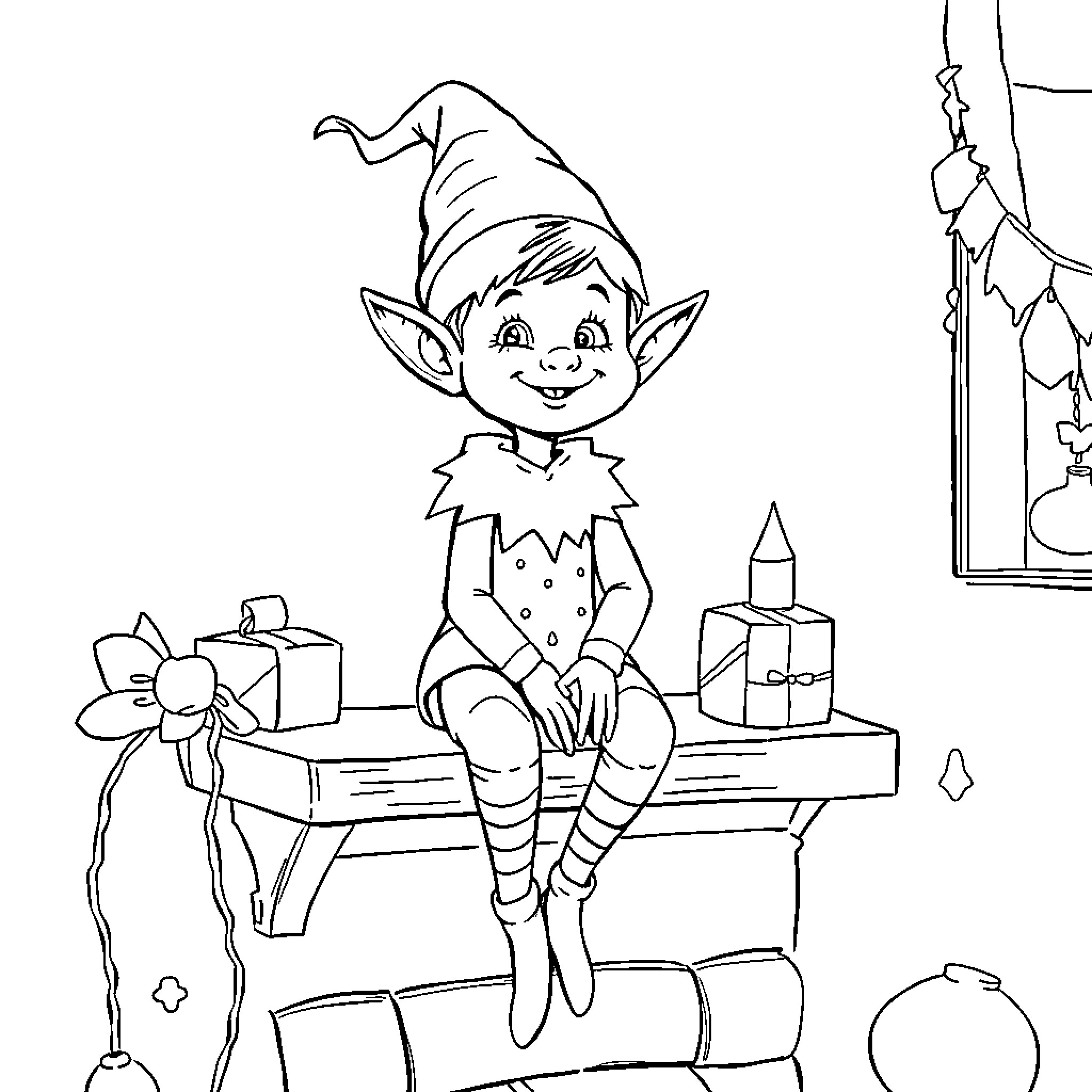 Elf sitting on shelf with toys and gifts Coloring Page (free black-and-white line drawing printable PDF for all, from beginners to advanced learners, including children, teens, adults, and seniors)