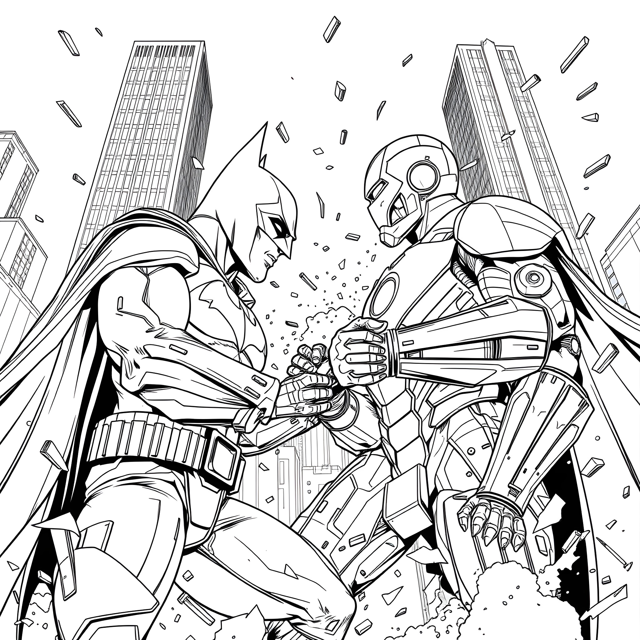 Batman vs. Futuristic Armored Villain in Heroic Battle Coloring Page (free black-and-white line drawing printable PDF for all, from beginners to advanced learners, including children, teens, adults, and seniors)