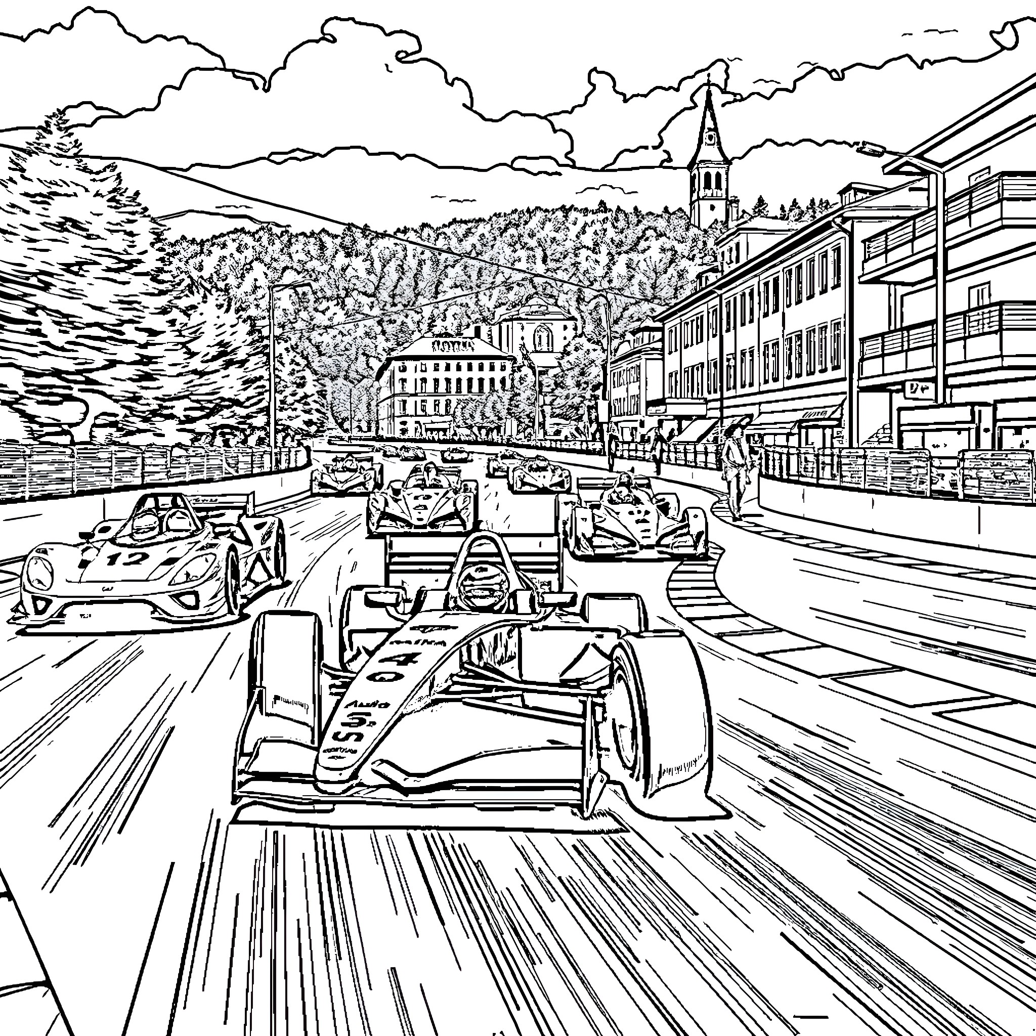 Formula 1 Racing Through Scenic City Coloring Page (free black-and-white line drawing printable PDF for all, from beginners to advanced learners, including children, teens, adults, and seniors)