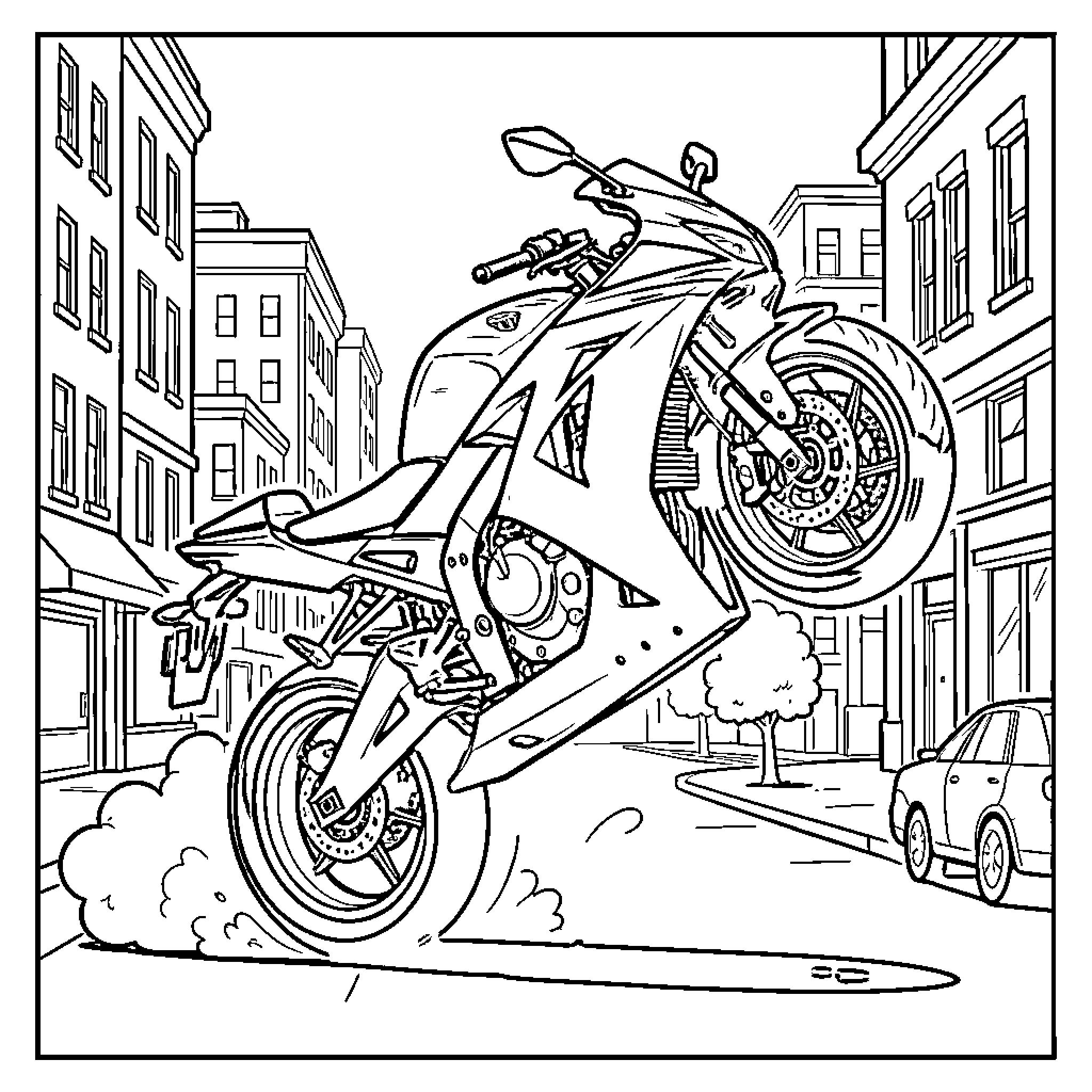 Sport Bike performing a wheelie on a city street Coloring Page (free black-and-white line drawing printable PDF for all, from beginners to advanced learners, including children, teens, adults, and seniors)