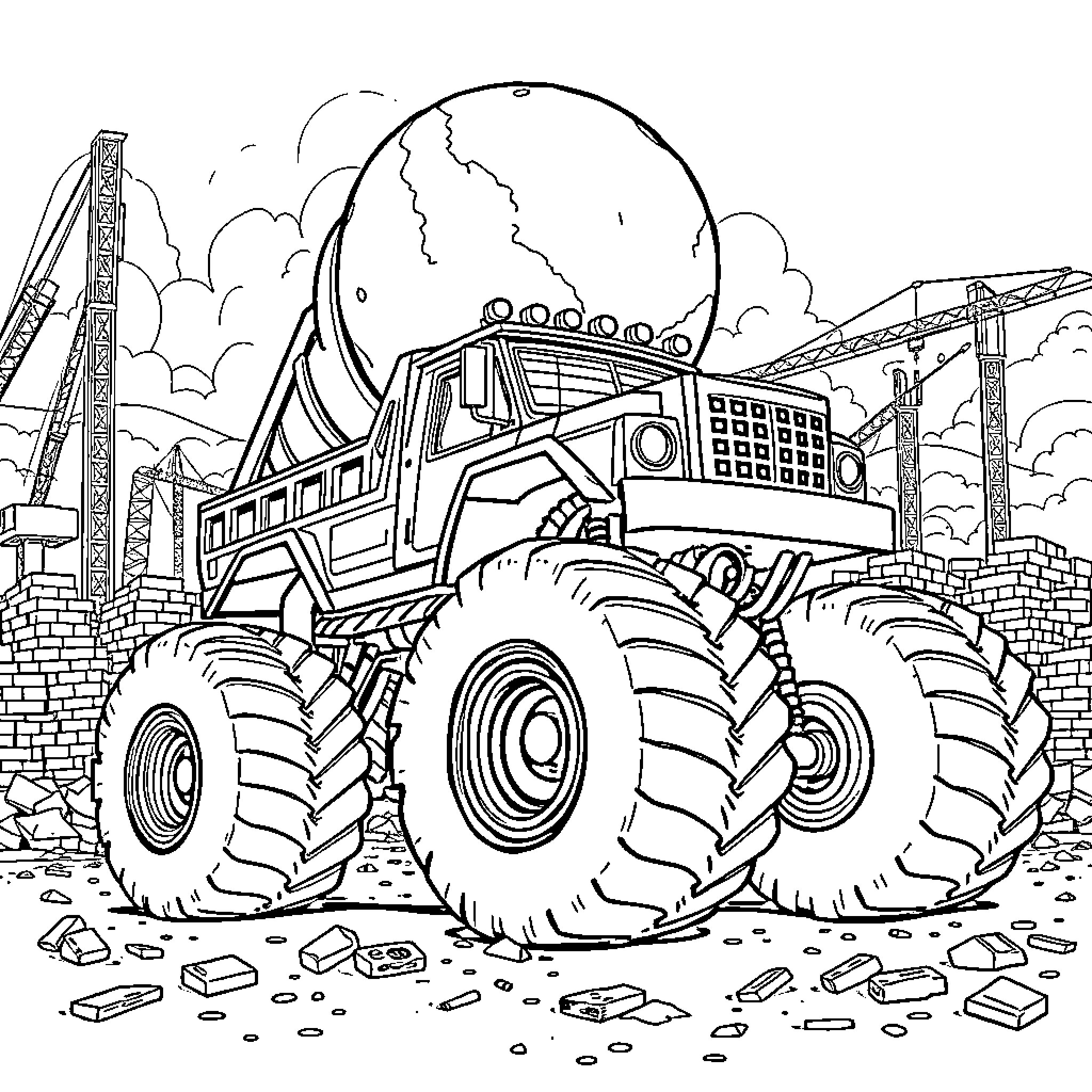 Monster Truck crushing the city landscape Coloring Page (free black-and-white line drawing printable PDF for all, from beginners to advanced learners, including children, teens, adults, and seniors)
