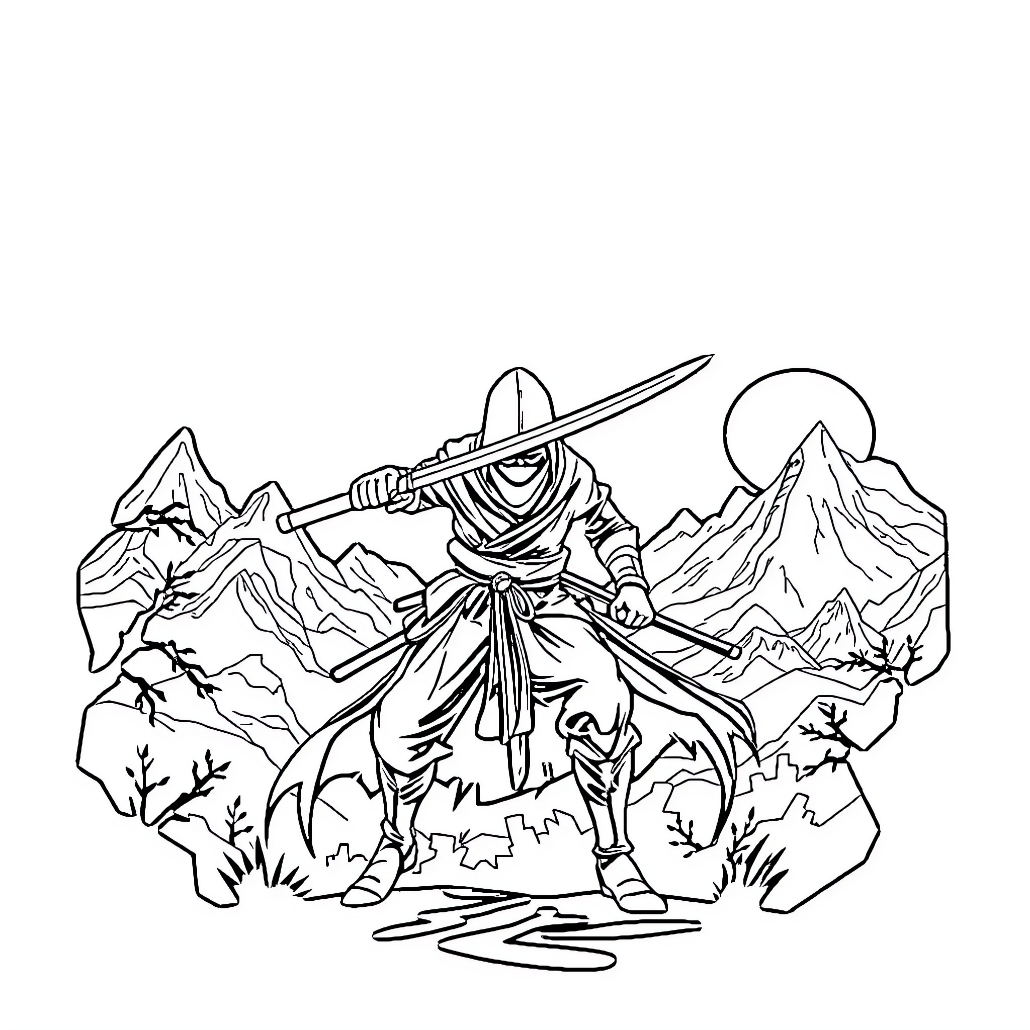 Aragami warrior wielding sword in mountainous terrain Coloring Page (free black-and-white line drawing printable PDF for all, from beginners to advanced learners, including children, teens, adults, and seniors)