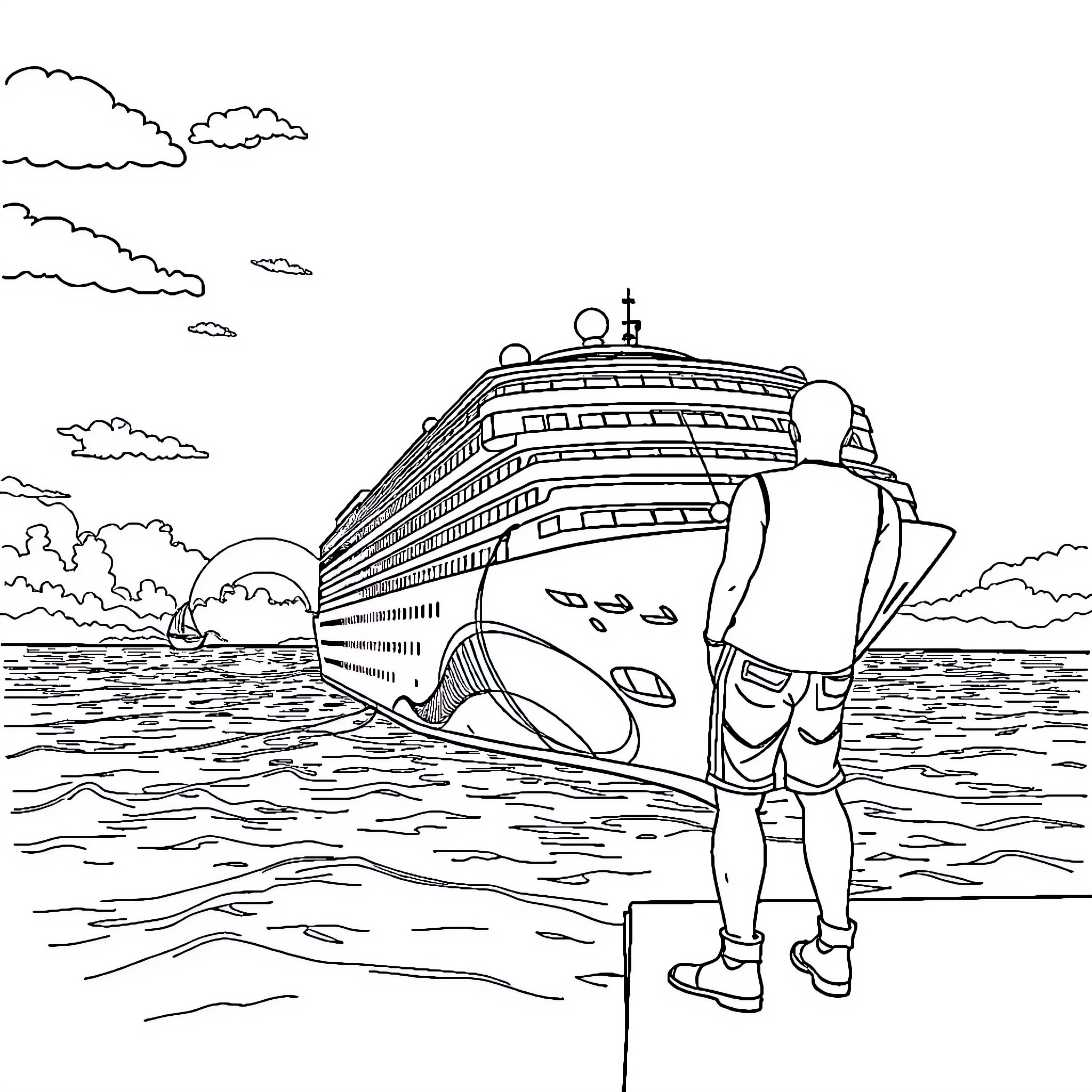 Cruise Ship Passengers Enjoying Ocean View Coloring Page (free black-and-white line drawing printable PDF for all, from beginners to advanced learners, including children, teens, adults, and seniors)
