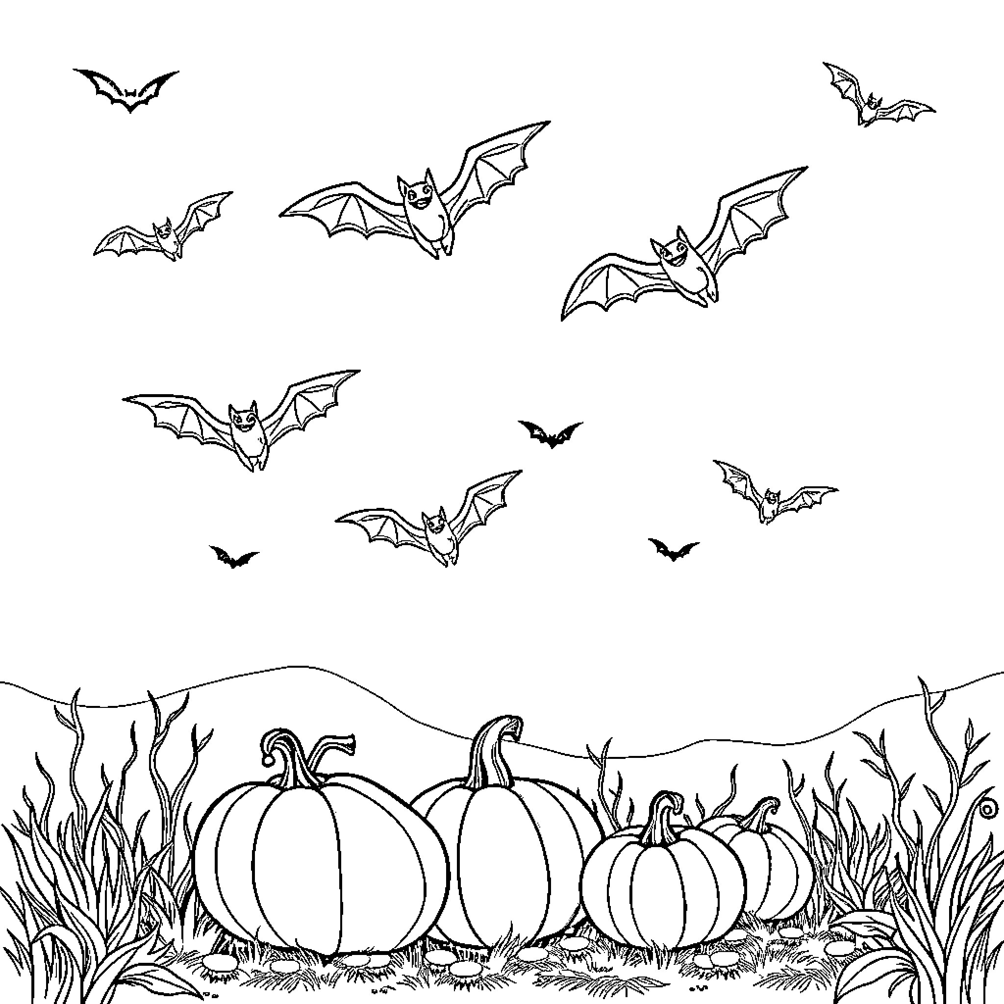 Bats flying above pumpkin patch Coloring Page (free black-and-white line drawing printable PDF for all, from beginners to advanced learners, including children, teens, adults, and seniors)