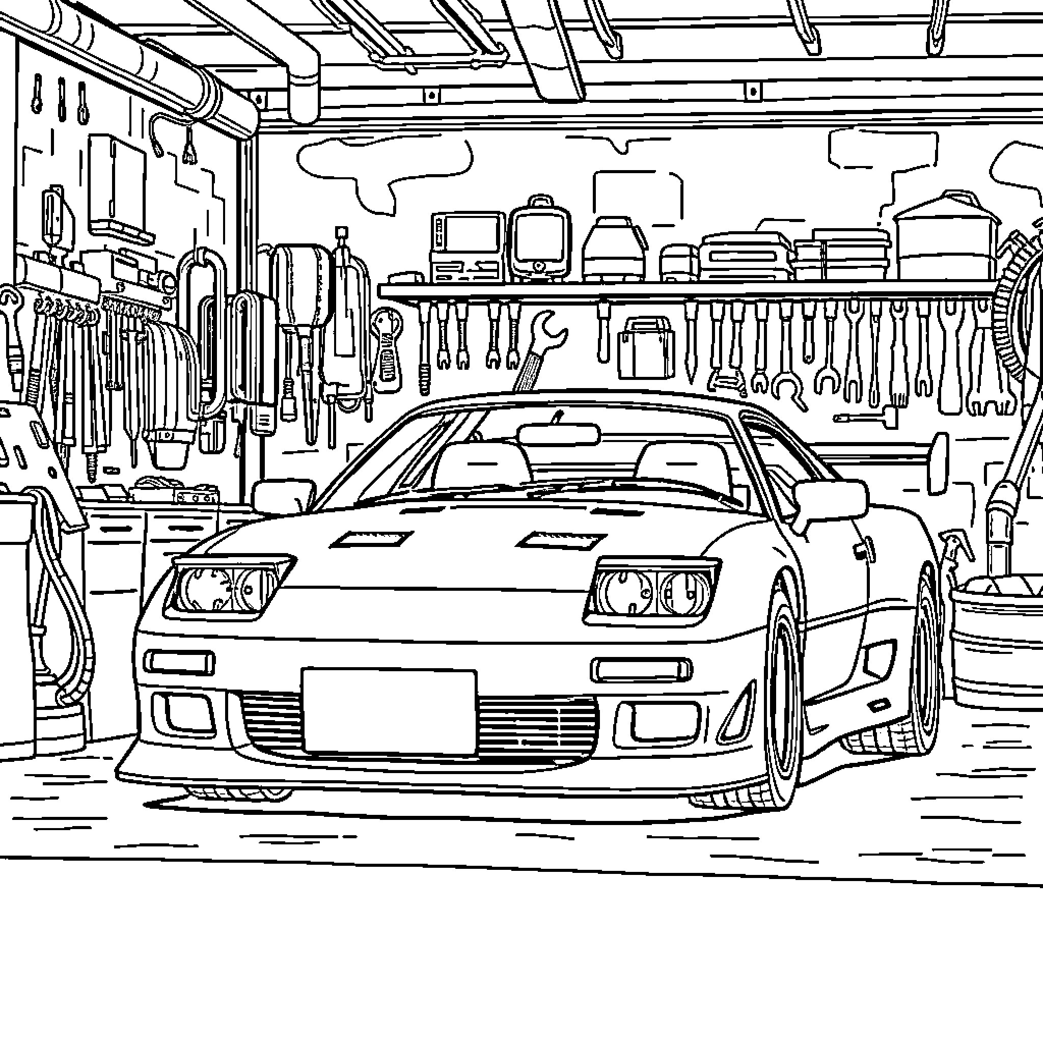 Voiture in Garage Workshop with Tools Coloring Page (free black-and-white line drawing printable PDF for all, from beginners to advanced learners, including children, teens, adults, and seniors)
