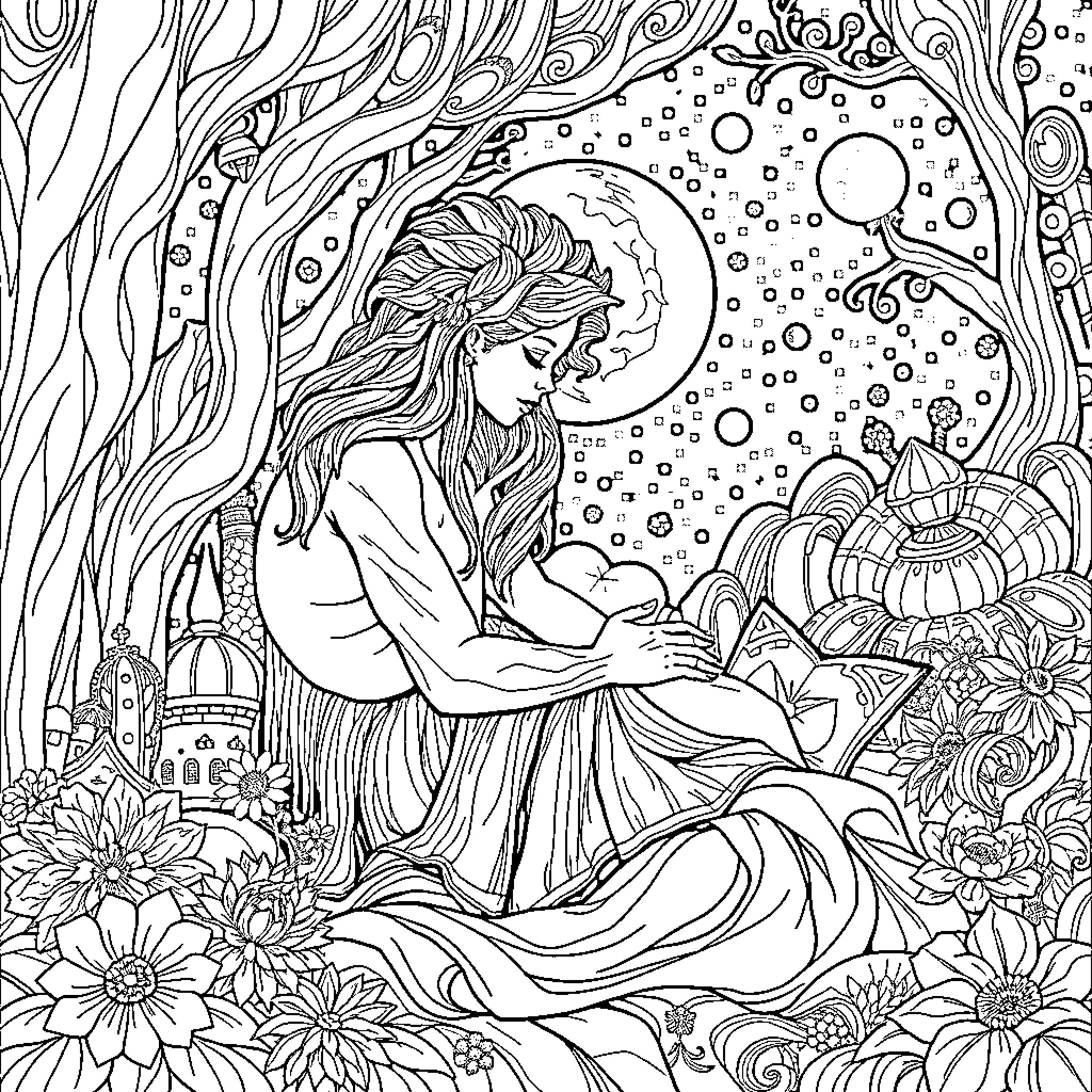 Design of a woman gazing at the starry night sky Coloring Page (free black-and-white line drawing printable PDF for all, from beginners to advanced learners, including children, teens, adults, and seniors)