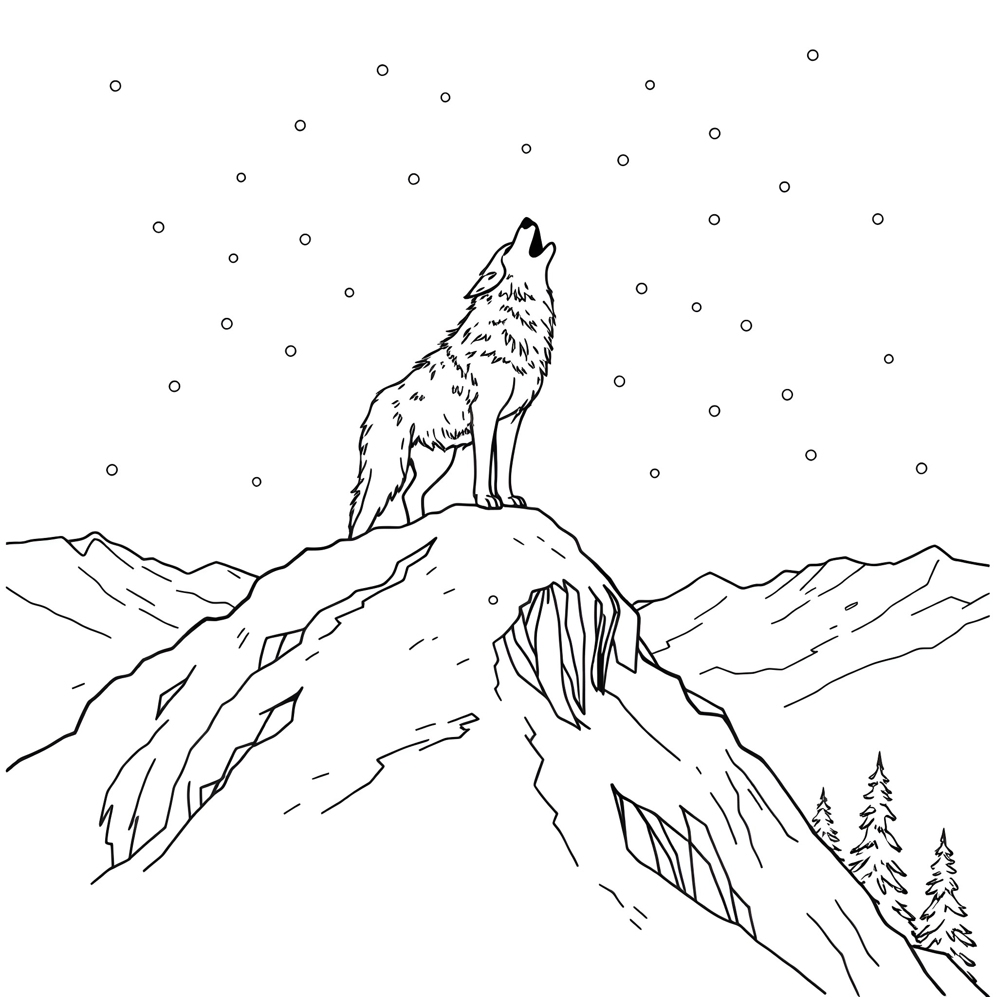 Wolf howling on a snowy mountain peak Coloring Page (free black-and-white line drawing printable PDF for all, from beginners to advanced learners, including children, teens, adults, and seniors)