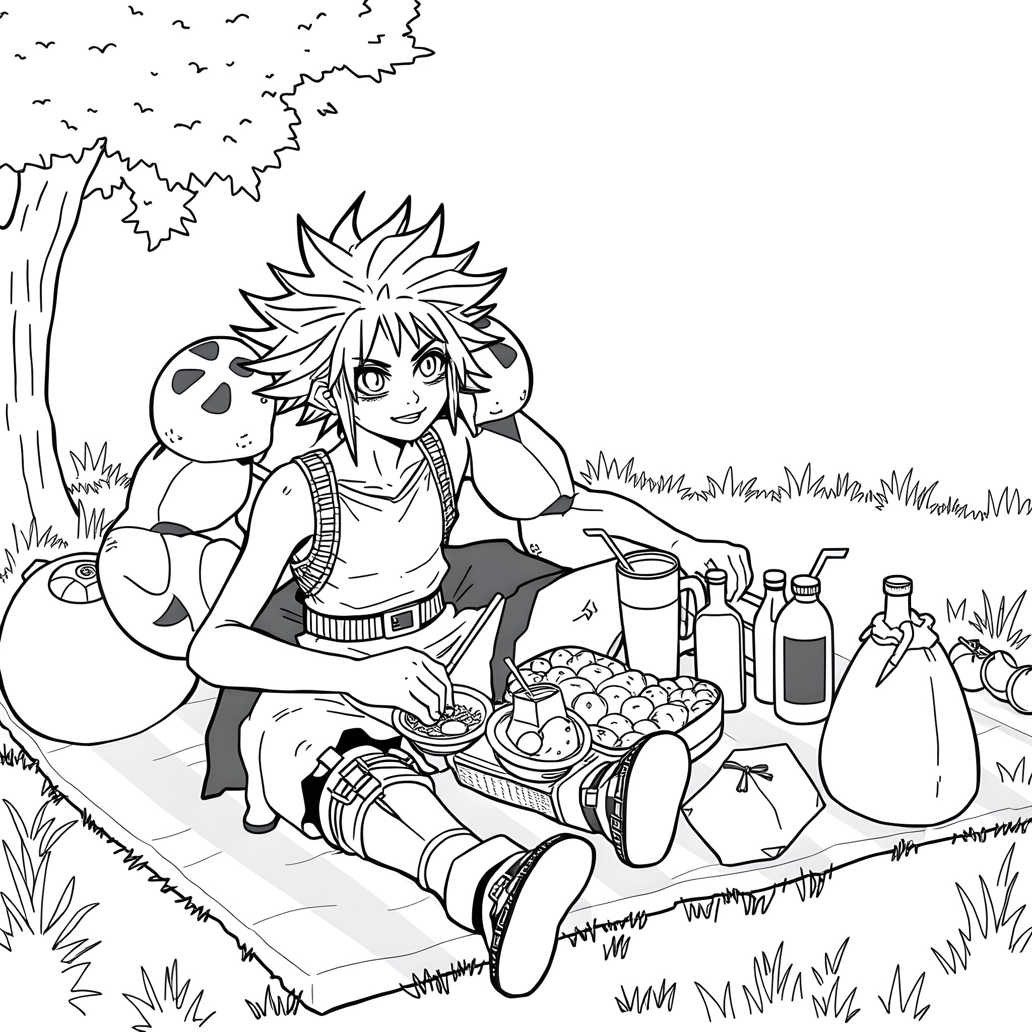 Killua's Outdoor Picnic Adventure Coloring Page (free black-and-white line drawing printable PDF for all, from beginners to advanced learners, including children, teens, adults, and seniors)