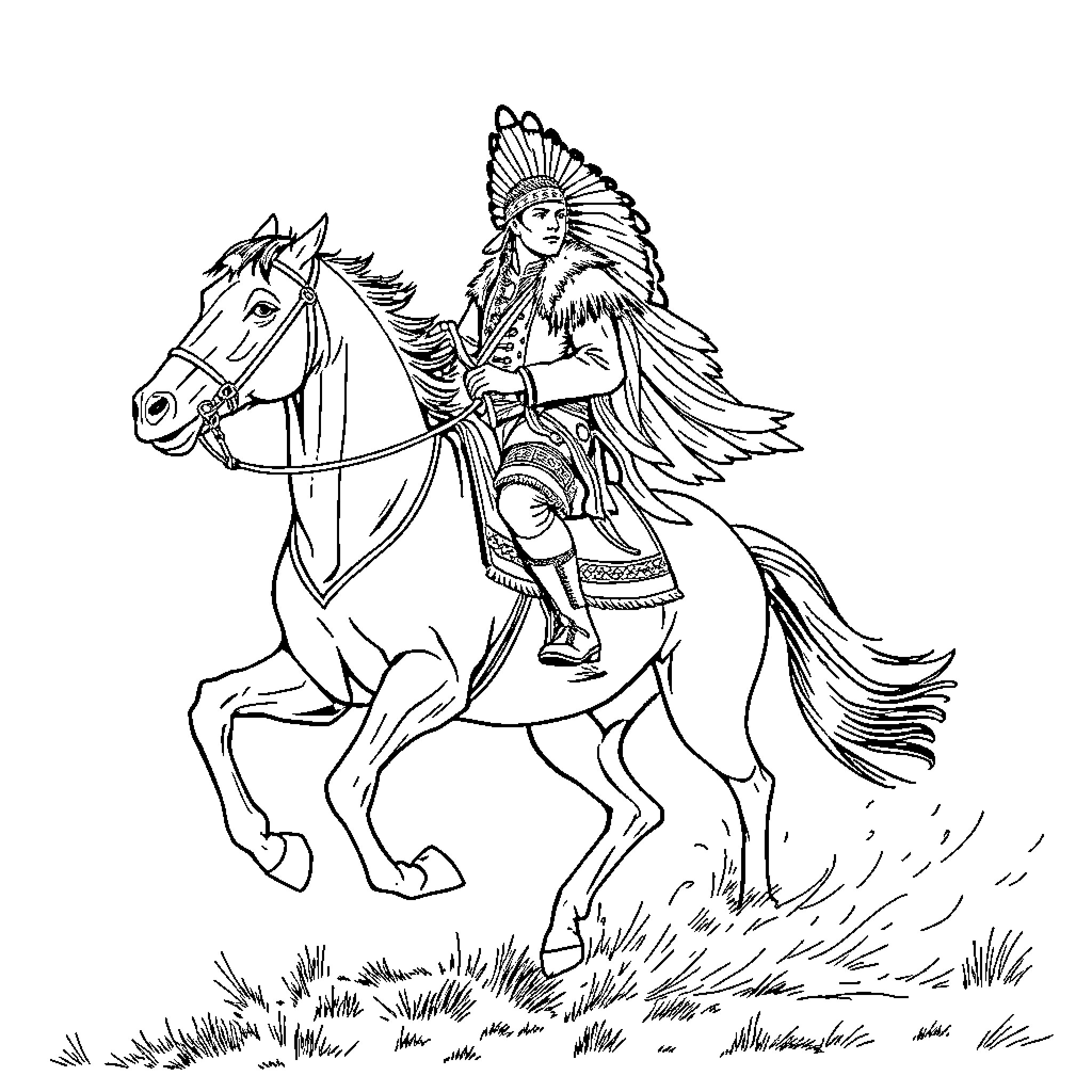 Indian Warrior Riding a Powerful Horse Coloring Page (free black-and-white line drawing printable PDF for all, from beginners to advanced learners, including children, teens, adults, and seniors)