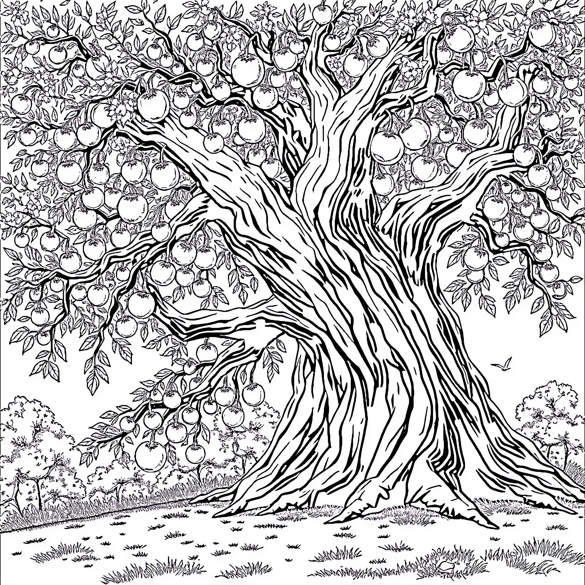 Tree filled with fruitful abundance Coloring Page (free black-and-white line drawing printable PDF for all, from beginners to advanced learners, including children, teens, adults, and seniors)