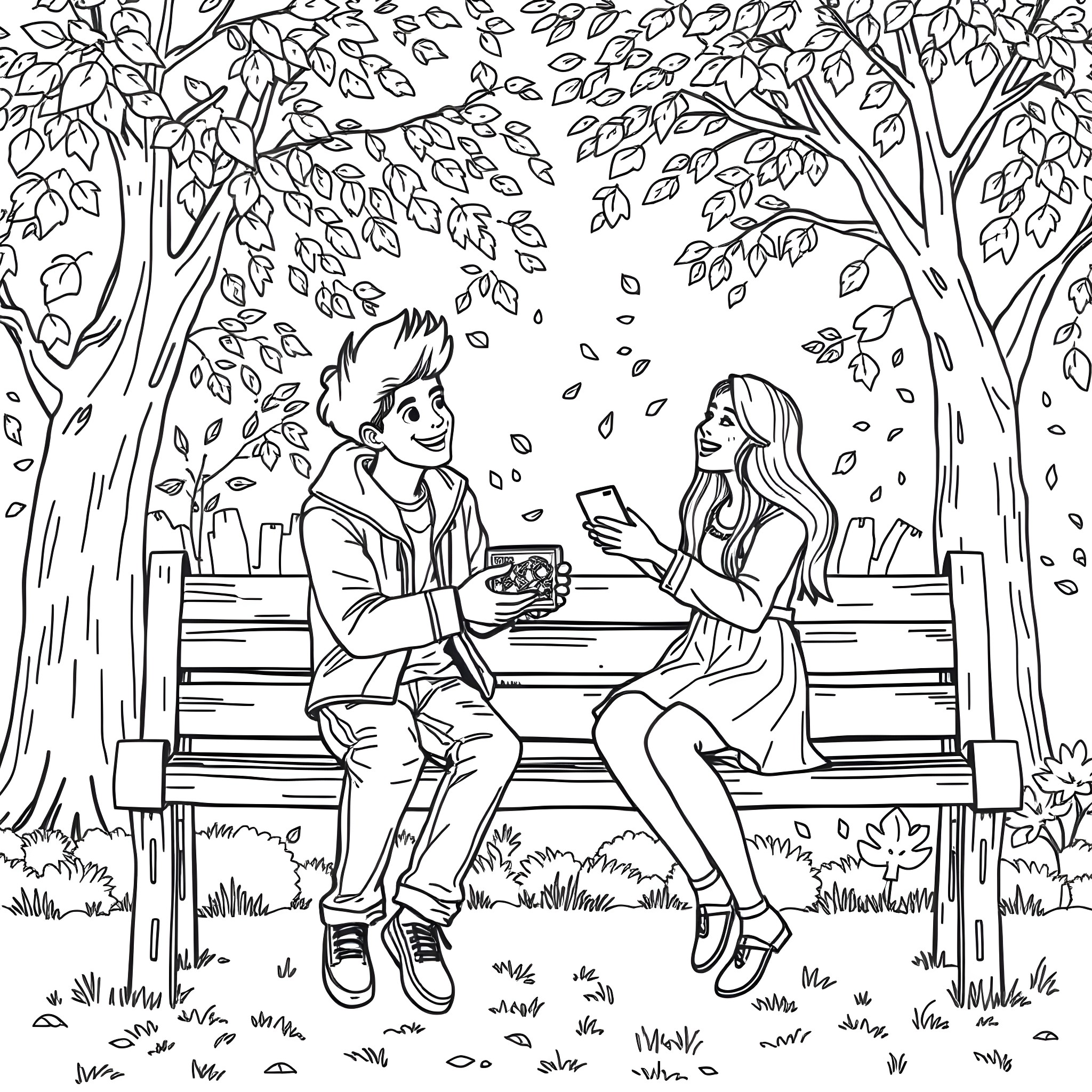 Teen Couple Enjoying Conversation on a Bench in the Park Coloring Page (free black-and-white line drawing printable PDF for all, from beginners to advanced learners, including children, teens, adults, and seniors)