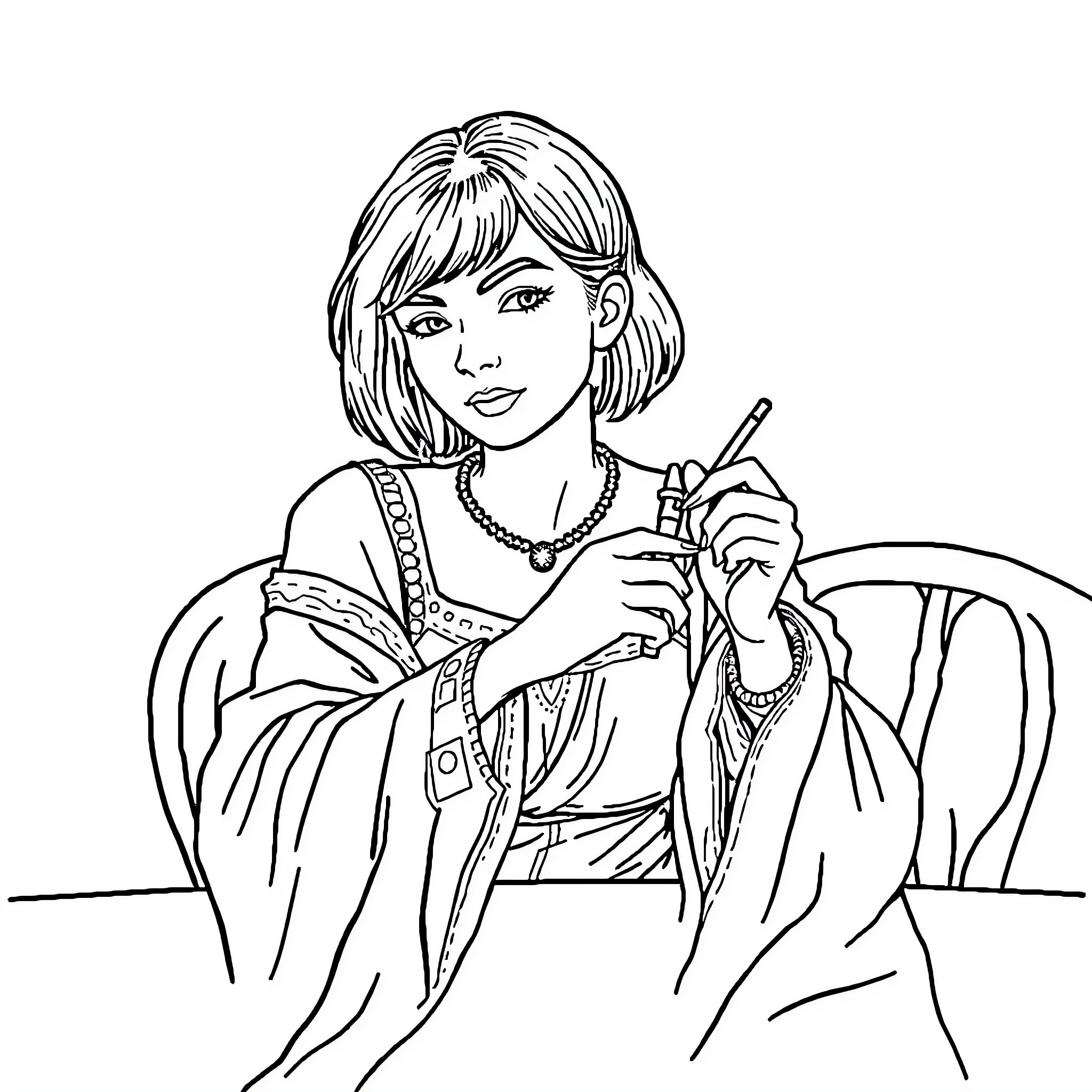 Señor Woman Seated with Embroidered Shawl Coloring Page (free black-and-white line drawing printable PDF for all, from beginners to advanced learners, including children, teens, adults, and seniors)