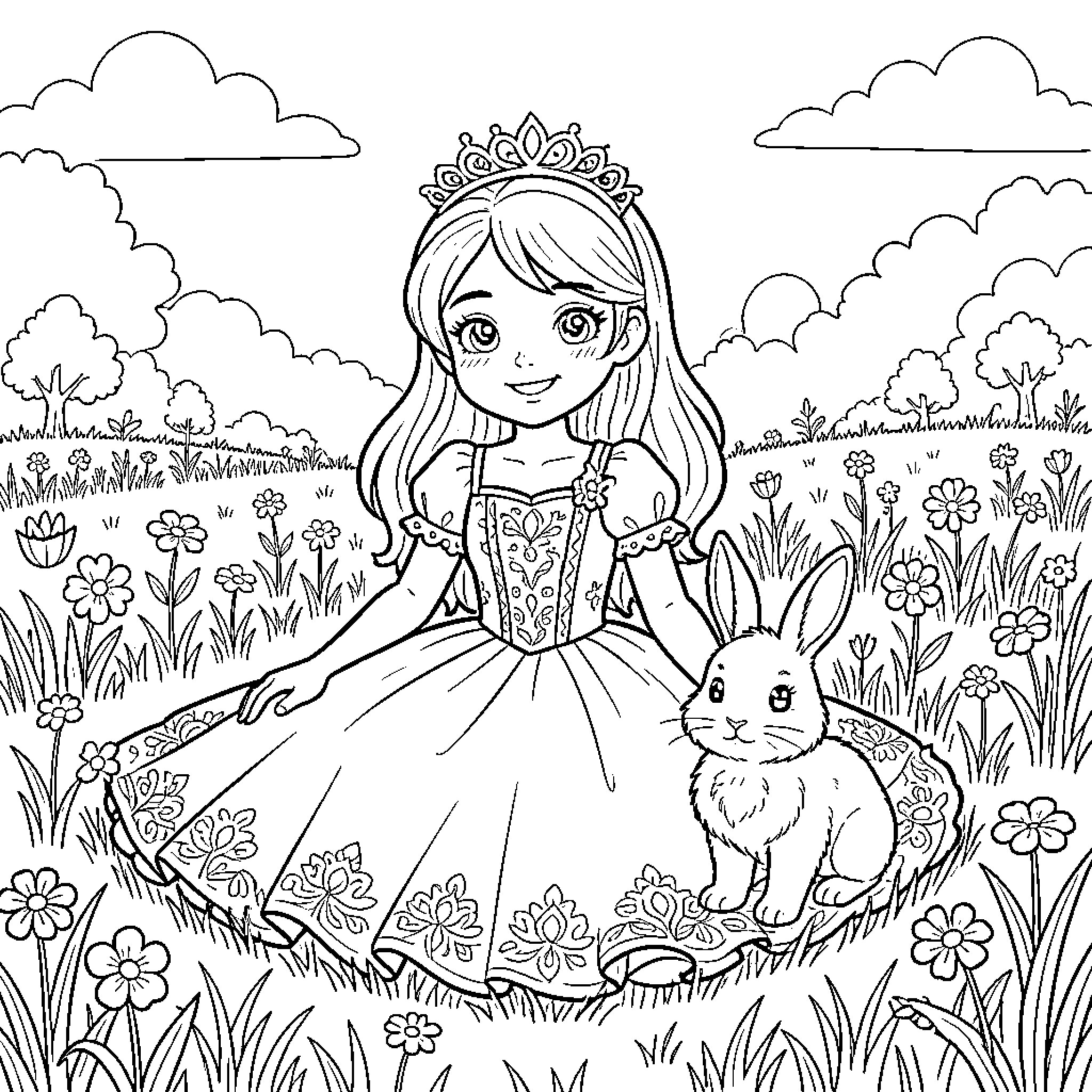 Princess in a Whimsical Garden with Bunny Coloring Page (free black-and-white line drawing printable PDF for all, from beginners to advanced learners, including children, teens, adults, and seniors)