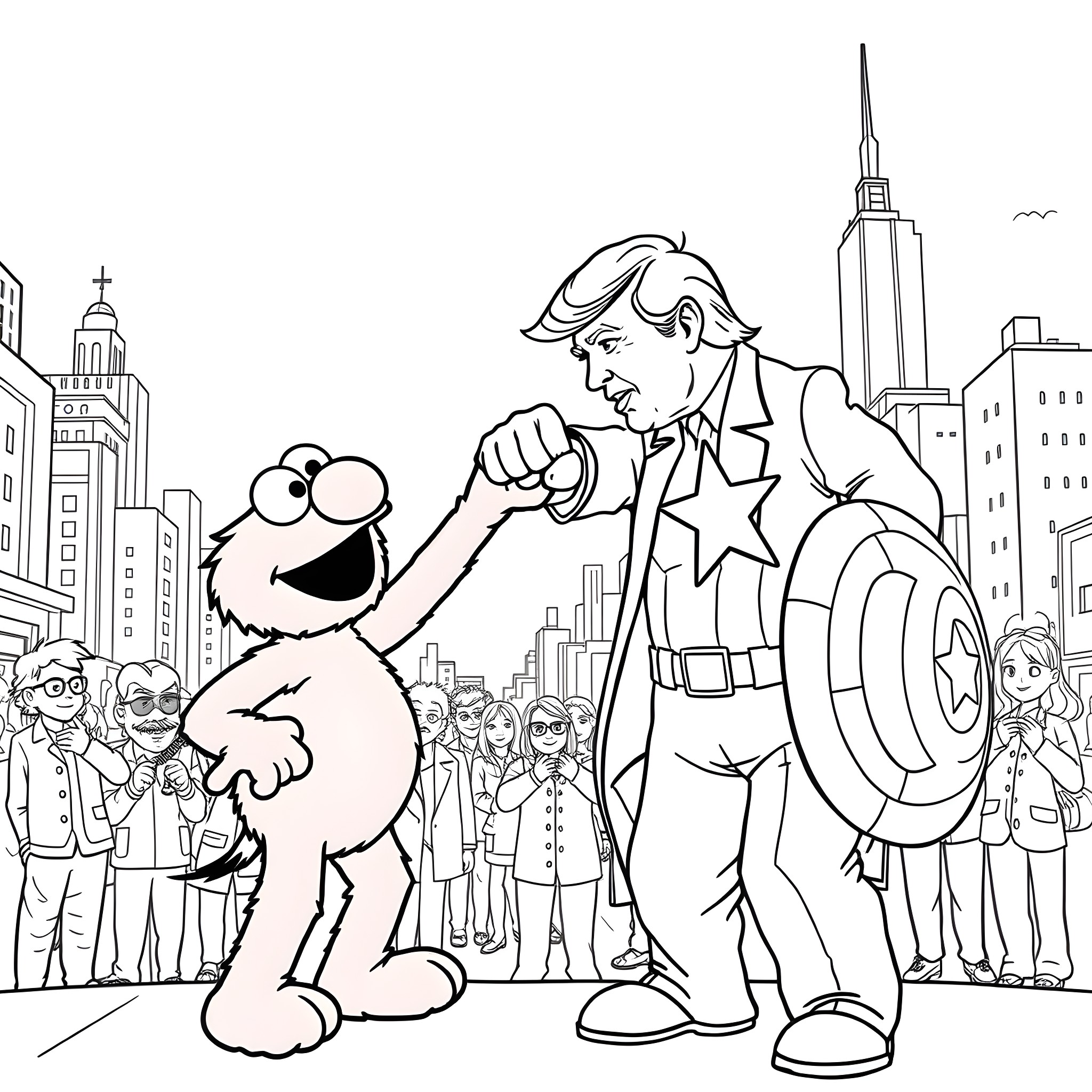 Elmo and the city superhero in the crowd Coloring Page (free black-and-white line drawing printable PDF for all, from beginners to advanced learners, including children, teens, adults, and seniors)