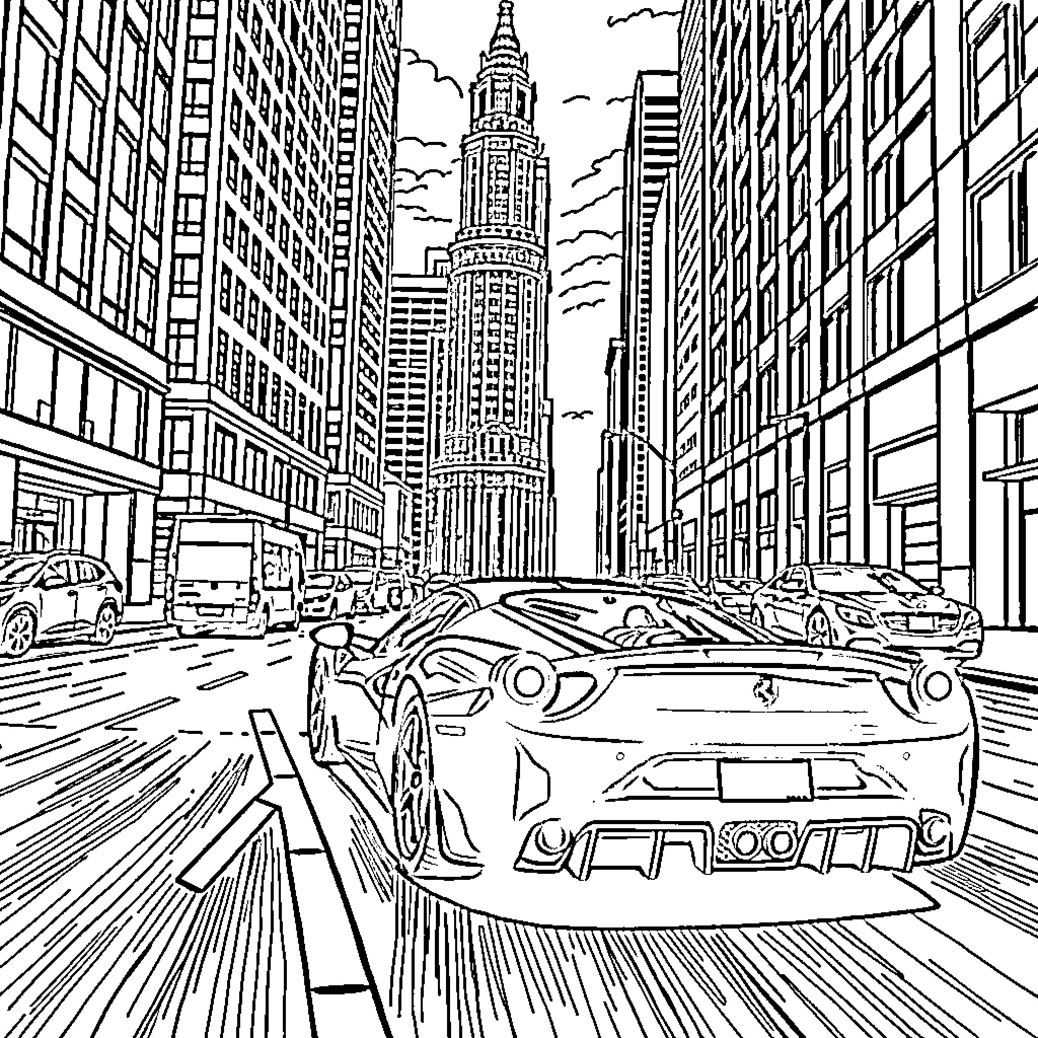 Ferrari speeding through the bustling city streets Coloring Page (free black-and-white line drawing printable PDF for all, from beginners to advanced learners, including children, teens, adults, and seniors)