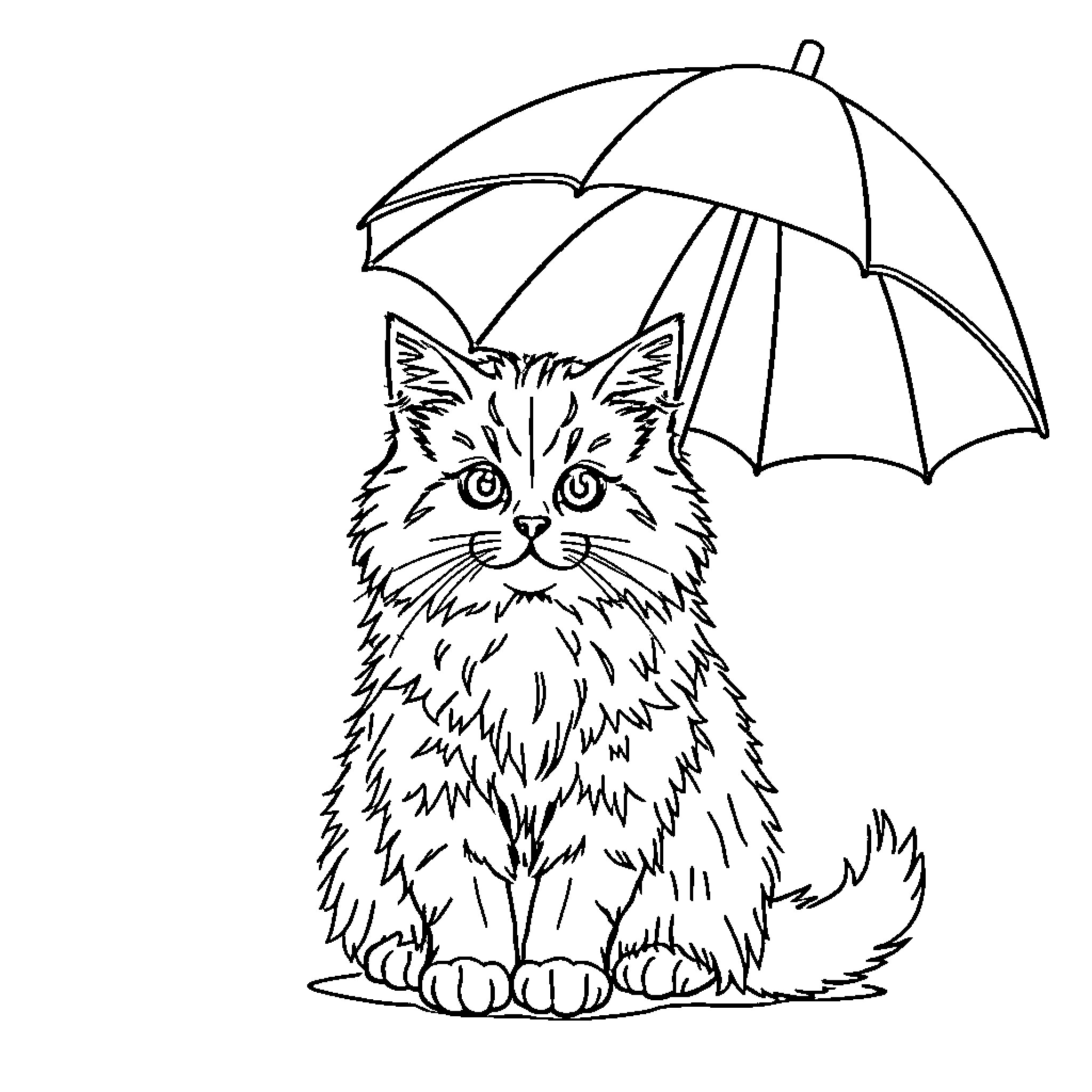 Cat holding umbrella in the rain Coloring Page (free black-and-white line drawing printable PDF for all, from beginners to advanced learners, including children, teens, adults, and seniors)