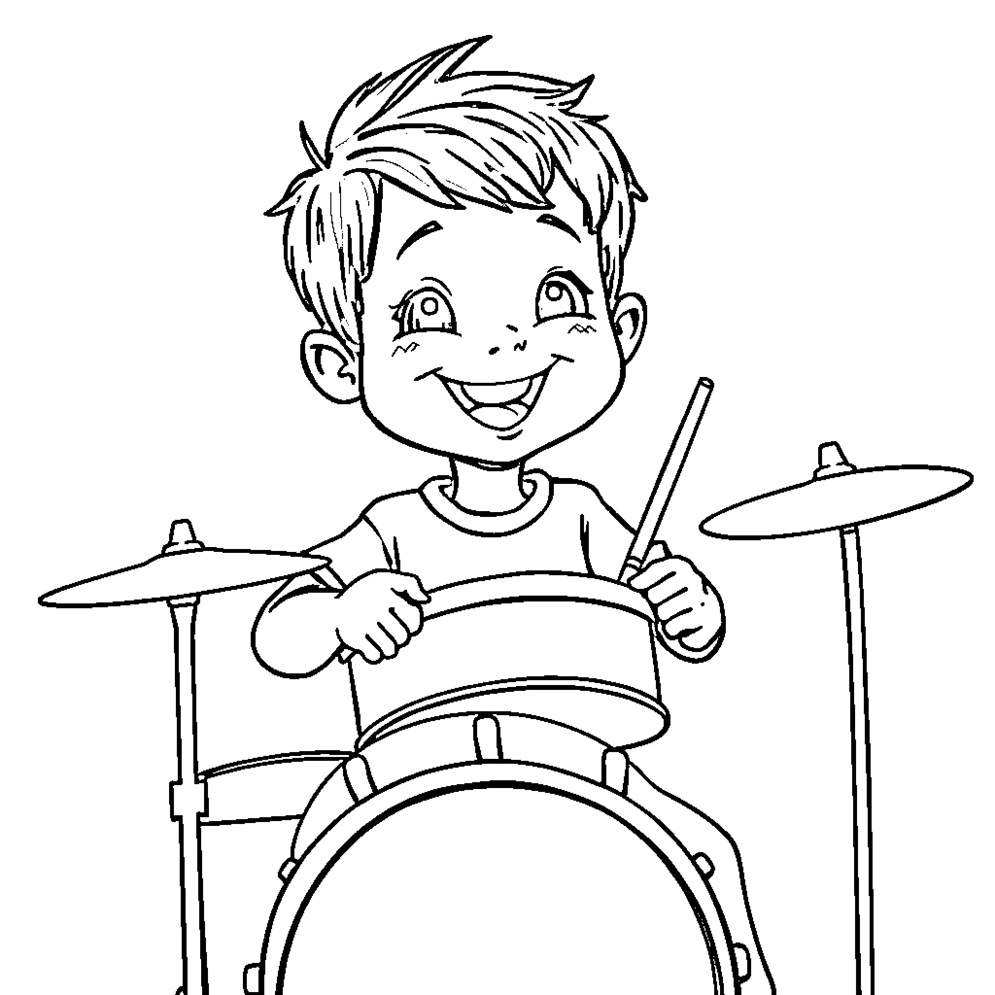 Boy playing the drums happily Coloring Page (free black-and-white line drawing printable PDF for all, from beginners to advanced learners, including children, teens, adults, and seniors)