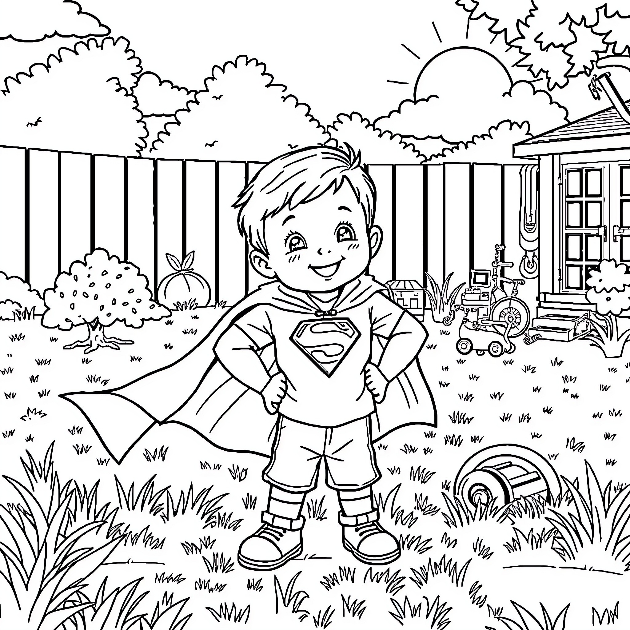 Boy playing superhero in the backyard Coloring Page (free black-and-white line drawing printable PDF for all, from beginners to advanced learners, including children, teens, adults, and seniors)