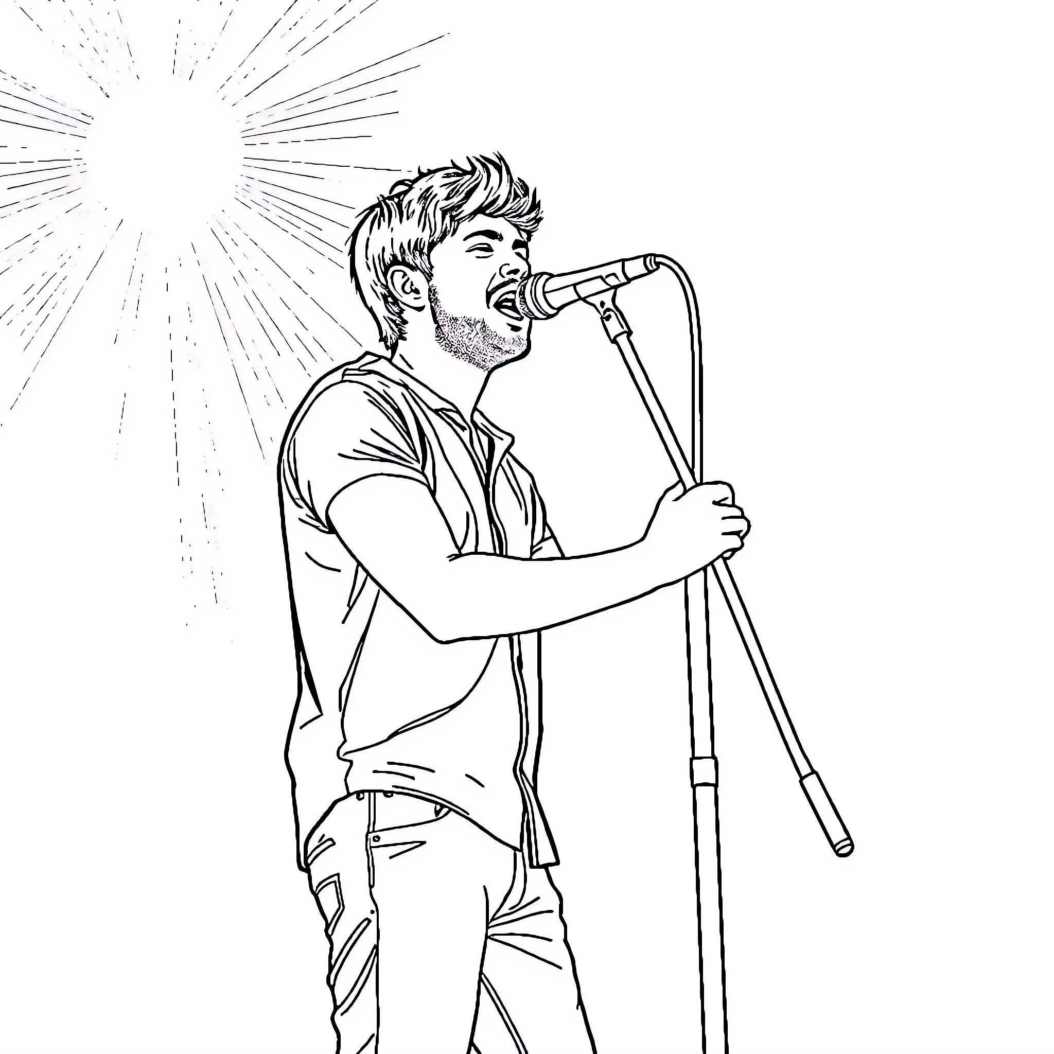 Niall Horan performing on stage with a microphone Coloring Page (free black-and-white line drawing printable PDF for all, from beginners to advanced learners, including children, teens, adults, and seniors)