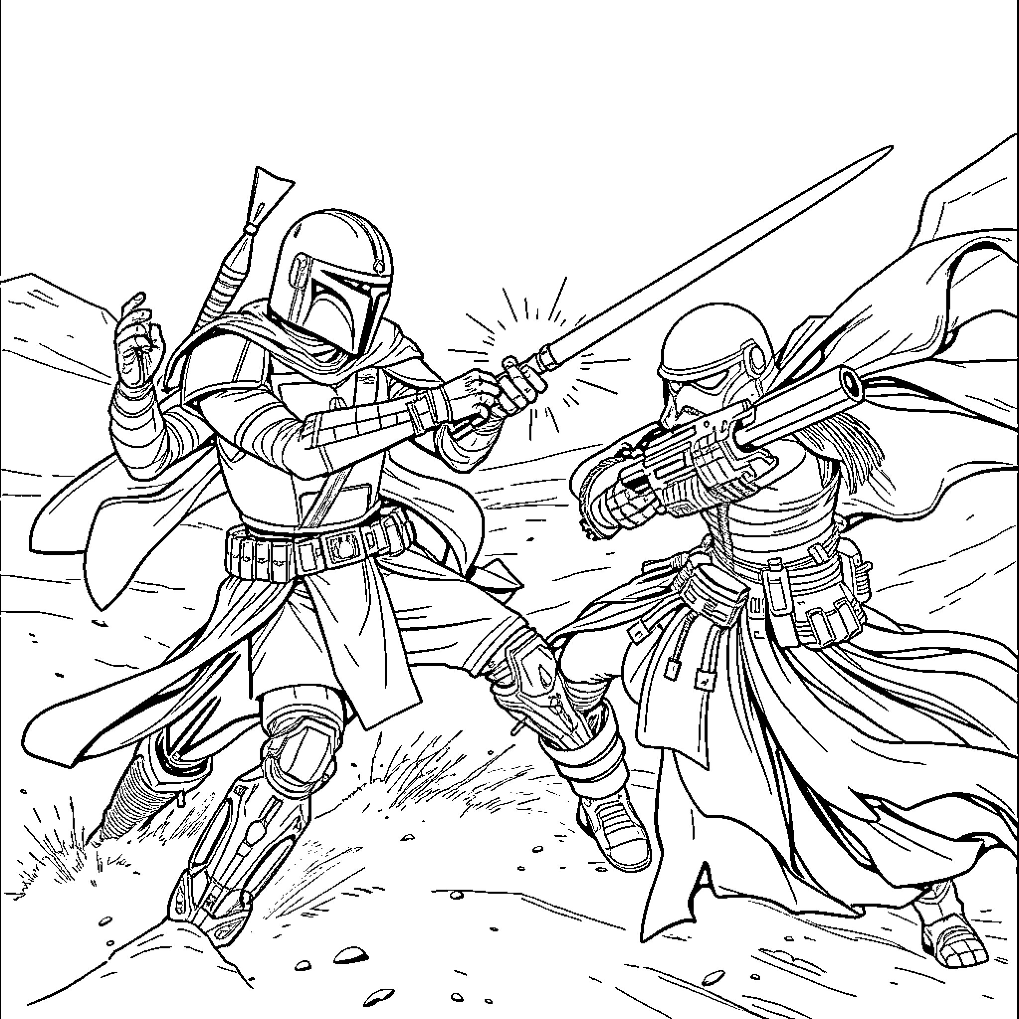 Mandalorian Warriors Engaged in Fierce Battle Coloring Page (free black-and-white line drawing printable PDF for all, from beginners to advanced learners, including children, teens, adults, and seniors)