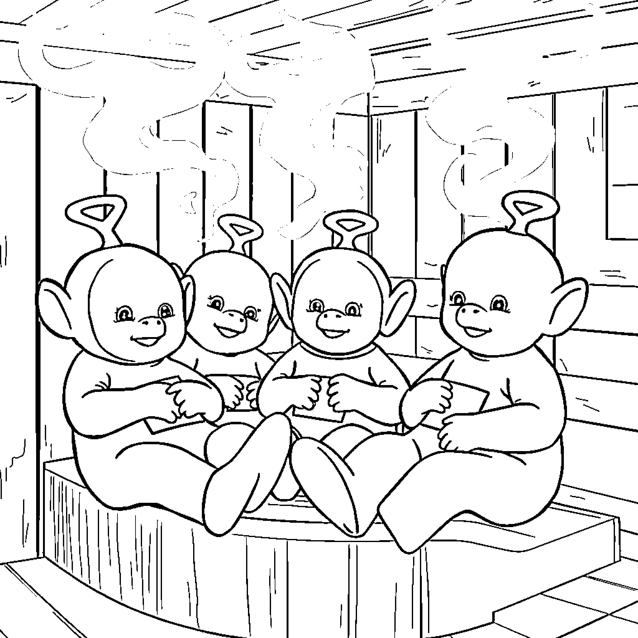 Teletubbies enjoying a cozy gathering Coloring Page (free black-and-white line drawing printable PDF for all, from beginners to advanced learners, including children, teens, adults, and seniors)