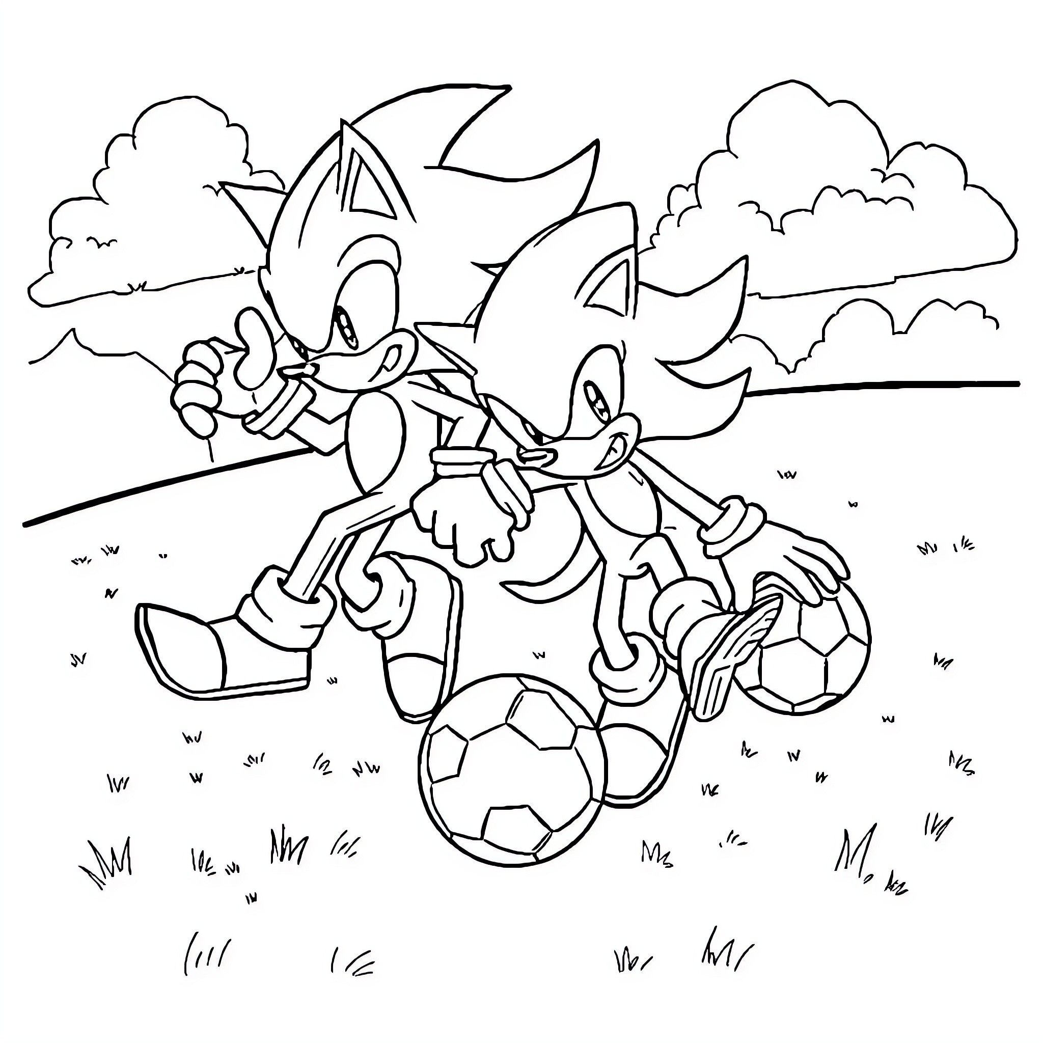 Sonic characters playing with soccer balls outdoors Coloring Page (free black-and-white line drawing printable PDF for all, from beginners to advanced learners, including children, teens, adults, and seniors)