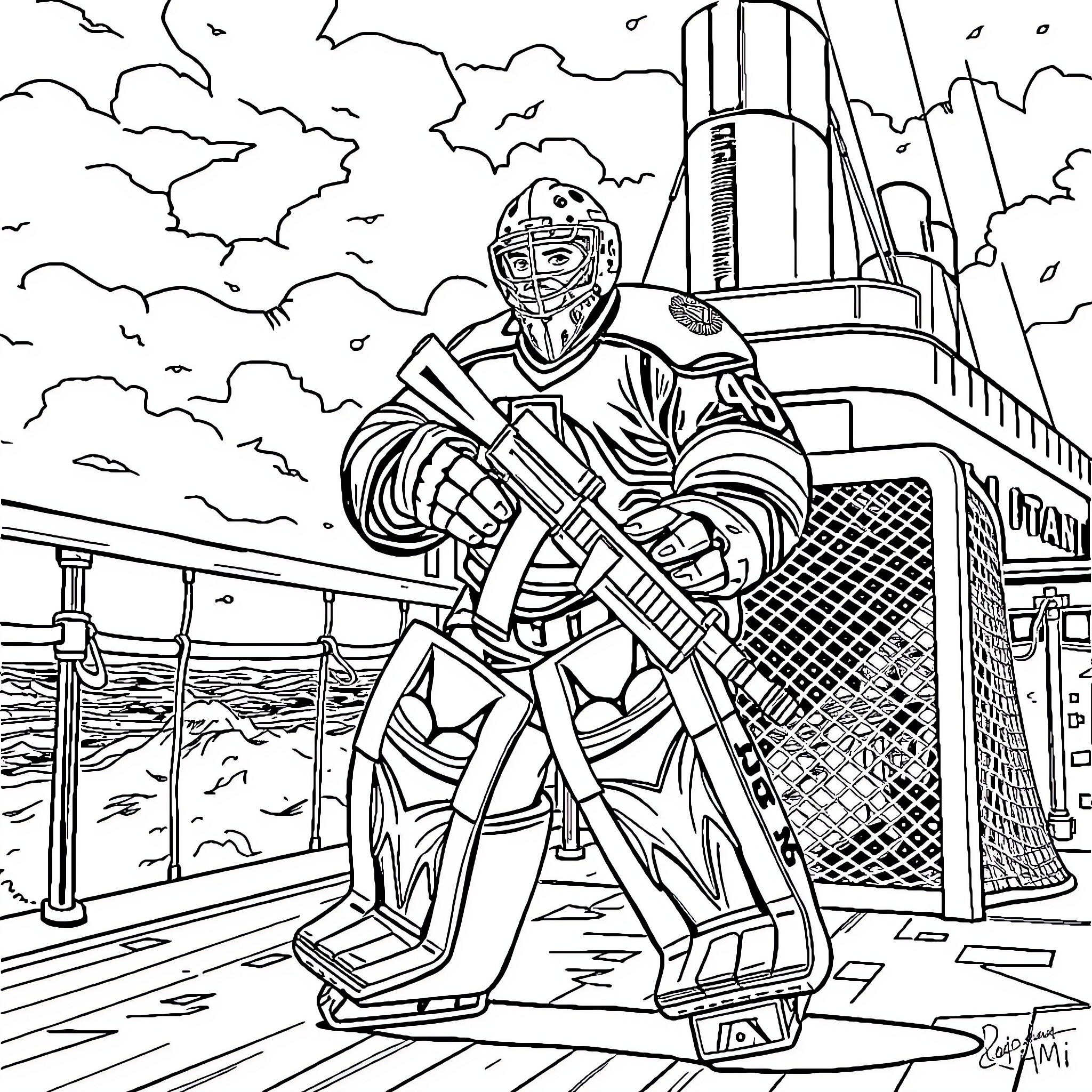 Hockey Goalie Guarding the Net with Intensity Coloring Page (free black-and-white line drawing printable PDF for all, from beginners to advanced learners, including children, teens, adults, and seniors)