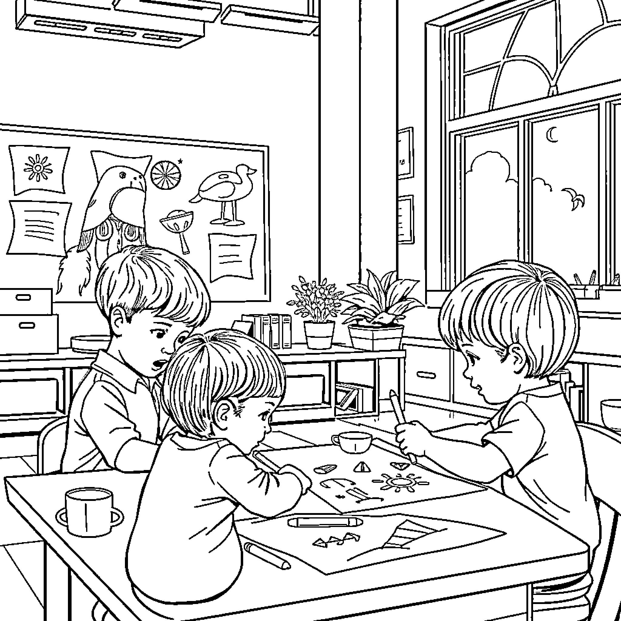 Toddlers Enjoying Arts and Crafts Time Together Coloring Page (free black-and-white line drawing printable PDF for all, from beginners to advanced learners, including children, teens, adults, and seniors)