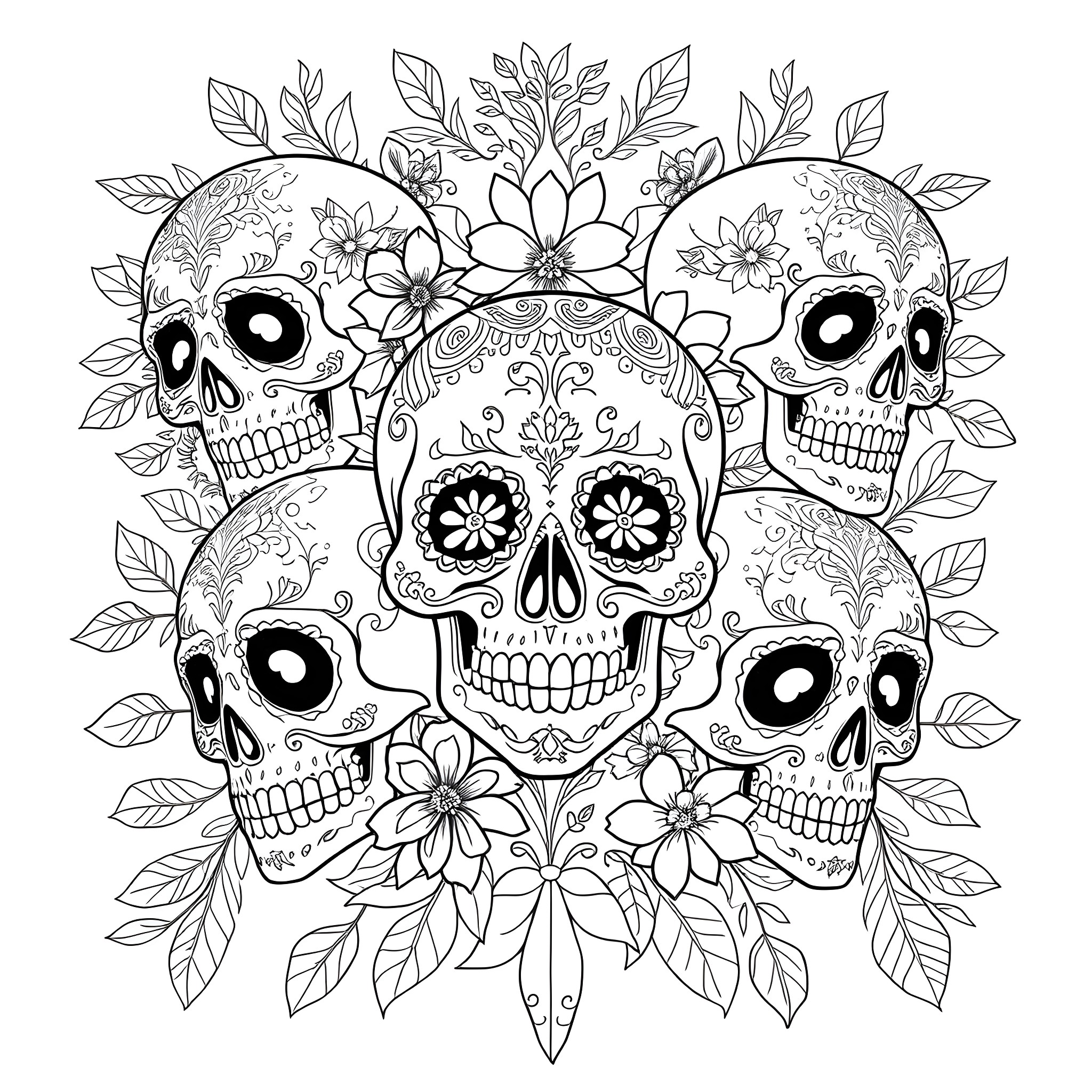 Sugar Skull Floral Design with Detailed Skulls Coloring Page (free black-and-white line drawing printable PDF for all, from beginners to advanced learners, including children, teens, adults, and seniors)