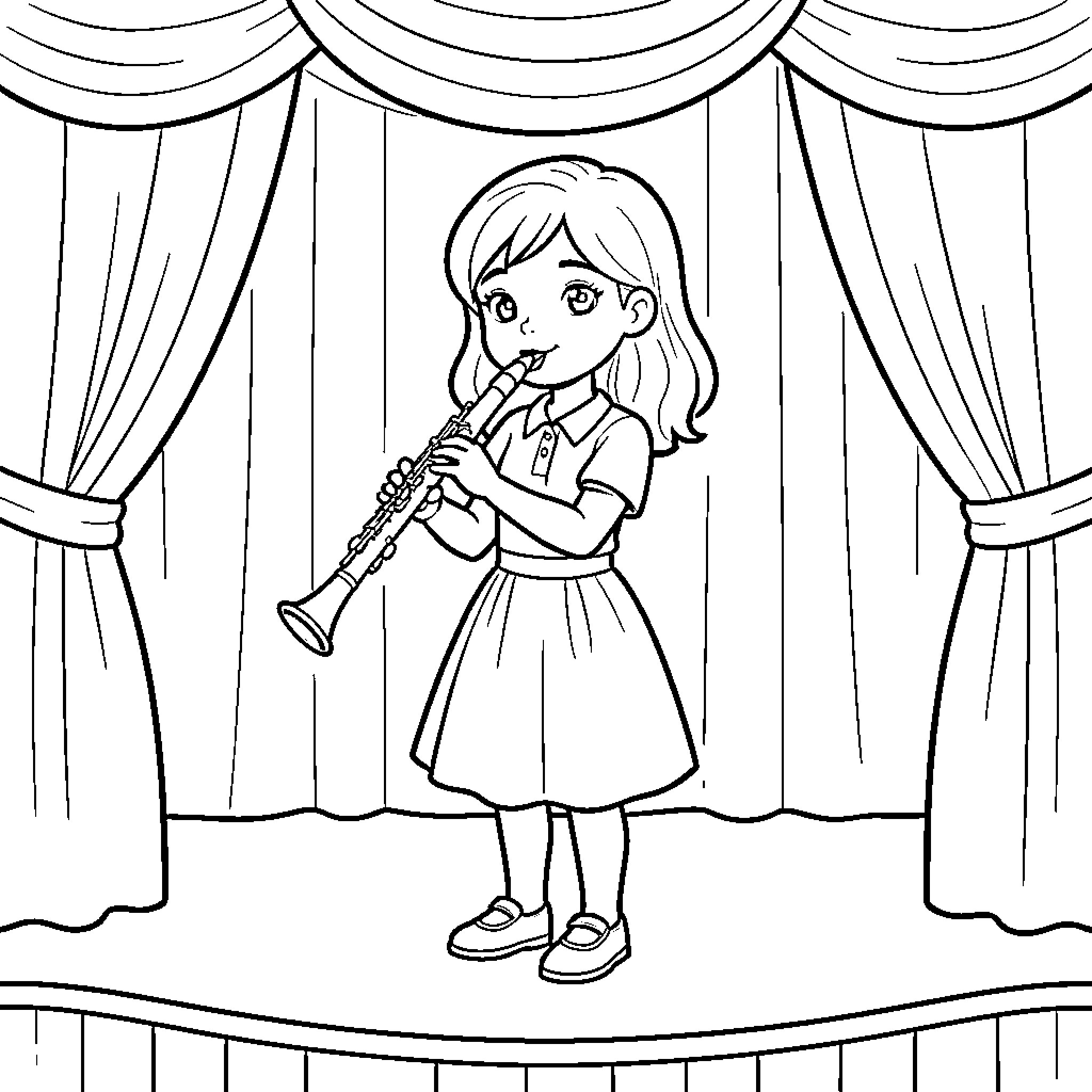 Chica playing the clarinet on stage Coloring Page (free black-and-white line drawing printable PDF for all, from beginners to advanced learners, including children, teens, adults, and seniors)