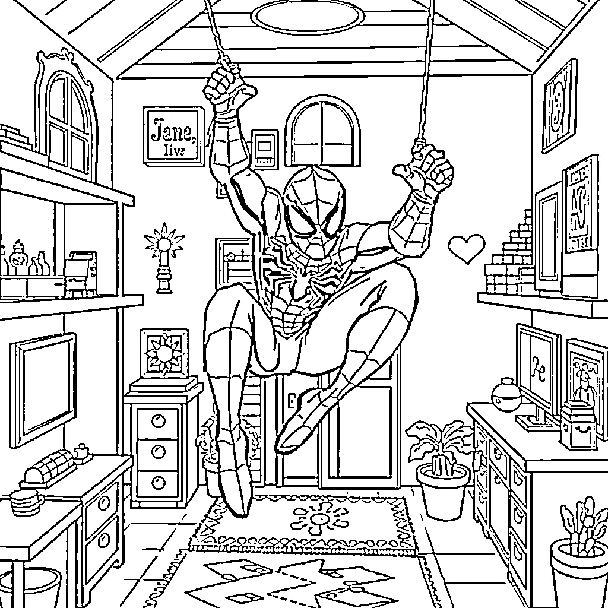 Spiderman in a lively interior scene Coloring Page (free black-and-white line drawing printable PDF for all, from beginners to advanced learners, including children, teens, adults, and seniors)