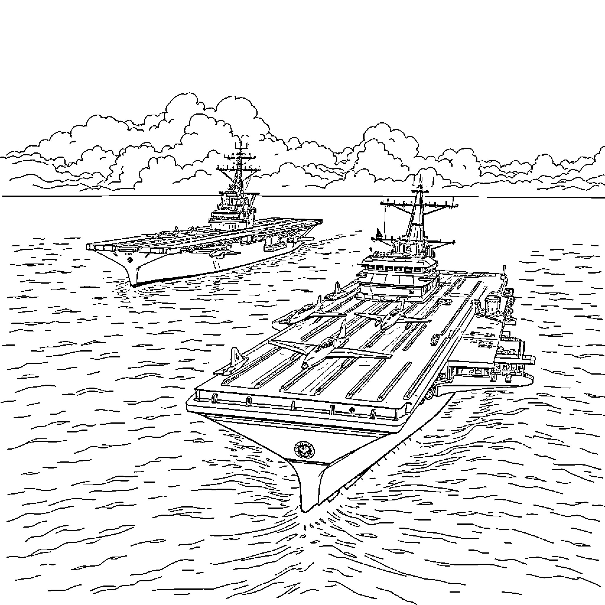 Aircraft Carriers Sailing Across Open Waters Coloring Page (free black-and-white line drawing printable PDF for all, from beginners to advanced learners, including children, teens, adults, and seniors)