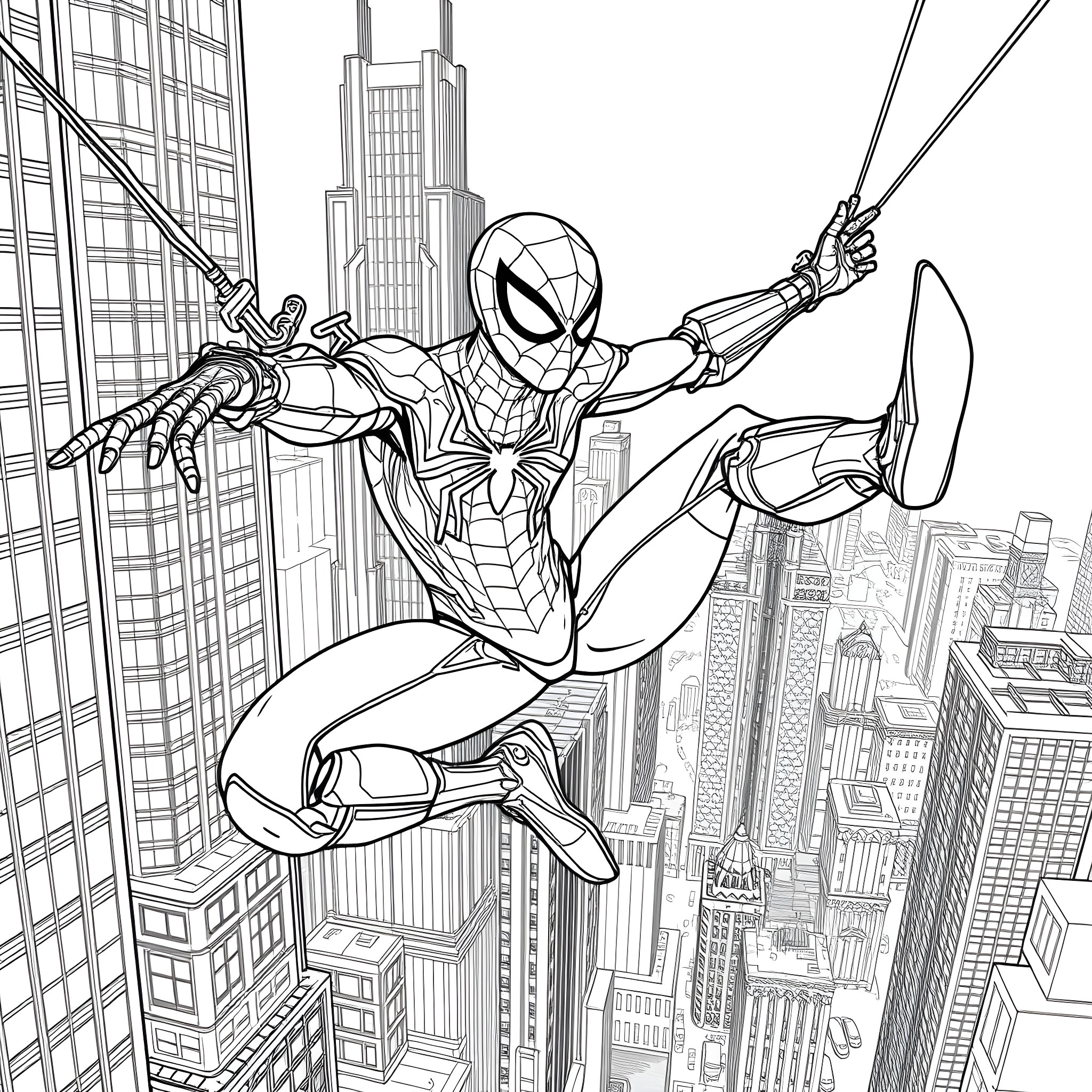 Mechanical Spiderman swinging through the city skyline Coloring Page (free black-and-white line drawing printable PDF for all, from beginners to advanced learners, including children, teens, adults, and seniors)