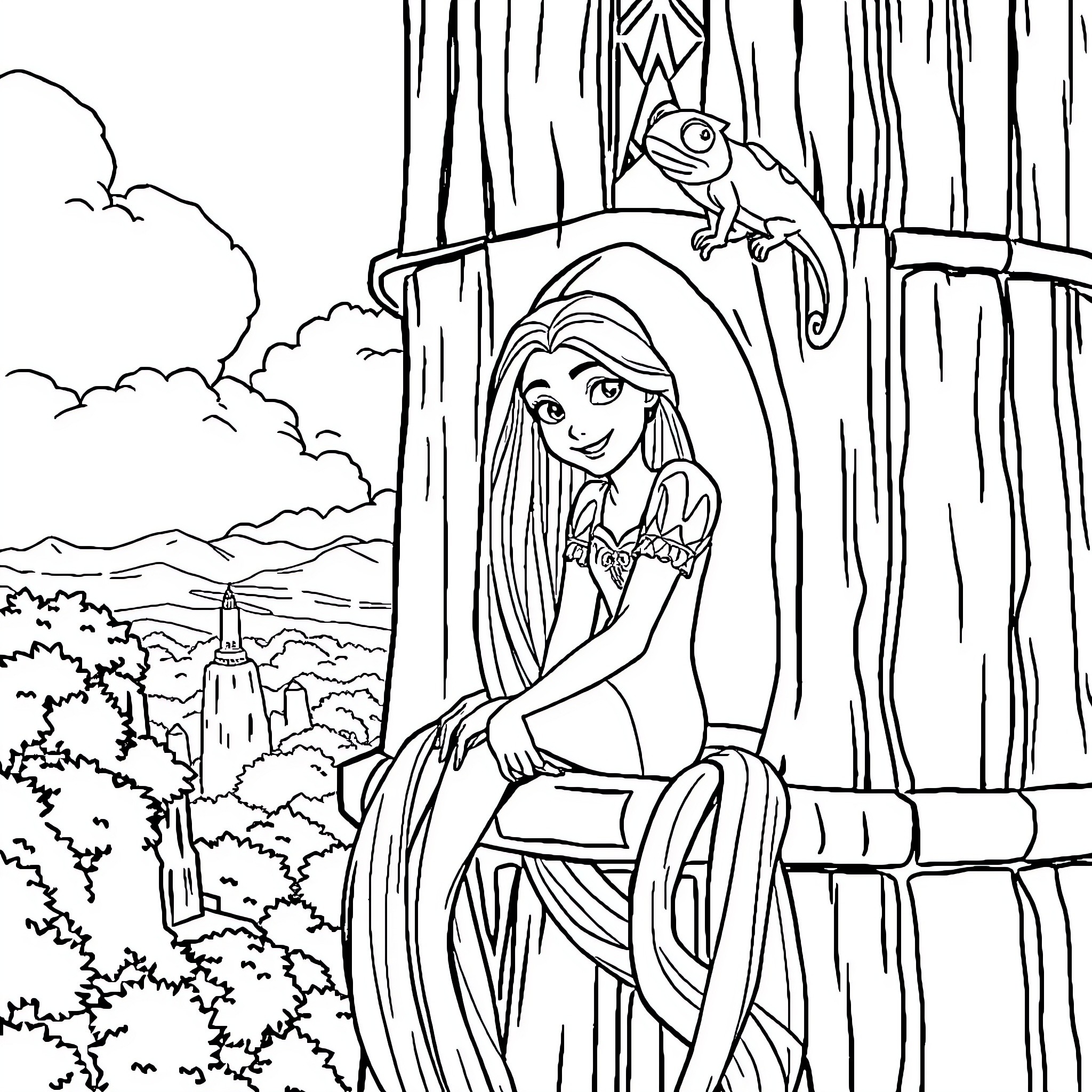 Rapunzel contemplating in the castle tower Coloring Page (free black-and-white line drawing printable PDF for all, from beginners to advanced learners, including children, teens, adults, and seniors)