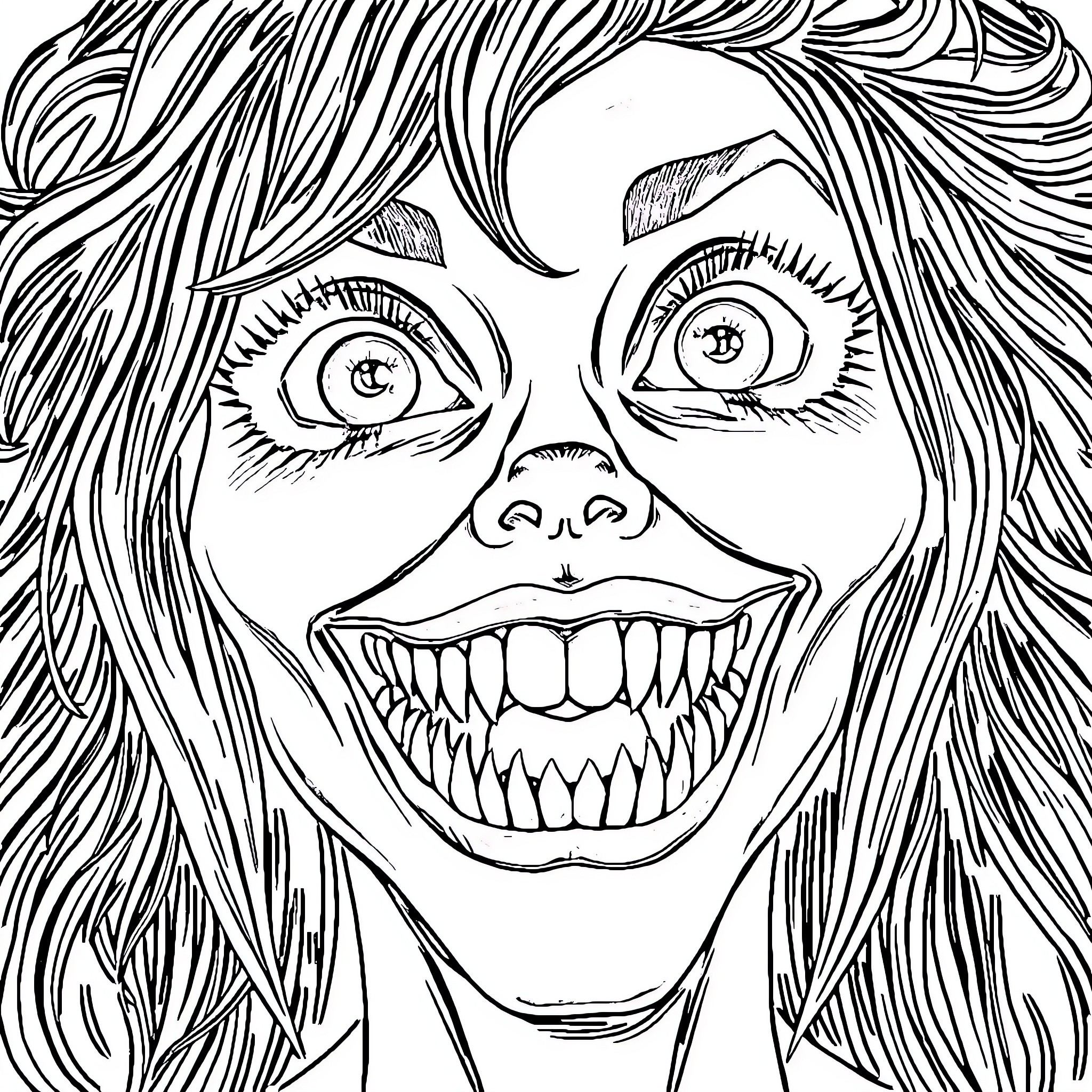 Woman with Intense Facial Expression Coloring Page (free black-and-white line drawing printable PDF for all, from beginners to advanced learners, including children, teens, adults, and seniors)