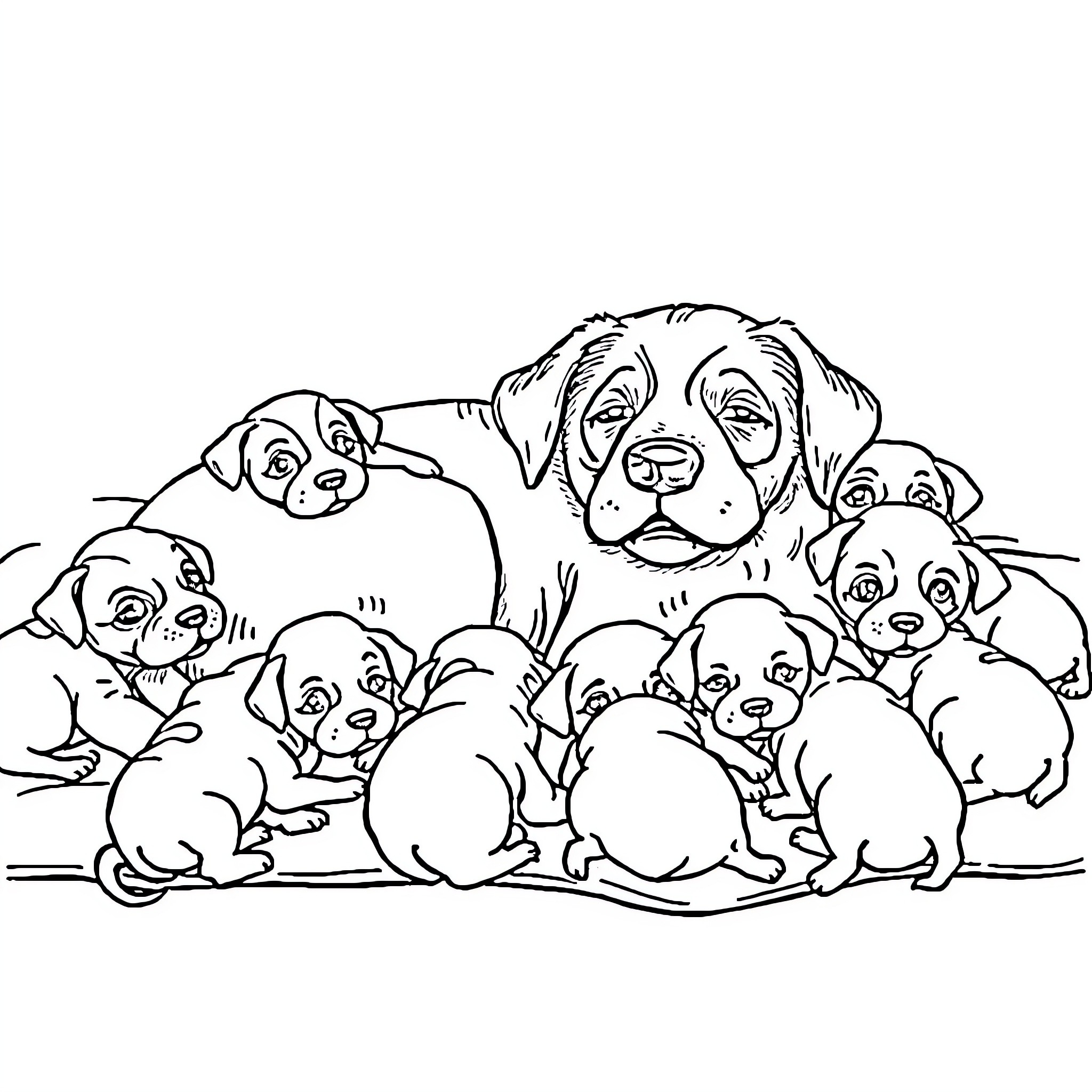 Dog family playing together happily Coloring Page (free black-and-white line drawing printable PDF for all, from beginners to advanced learners, including children, teens, adults, and seniors)